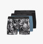 Jack & Jones JACRICHARD 3 Pack Mens Trunks Black, front view showcasing the trunks with palm leaf design and branded waistband.