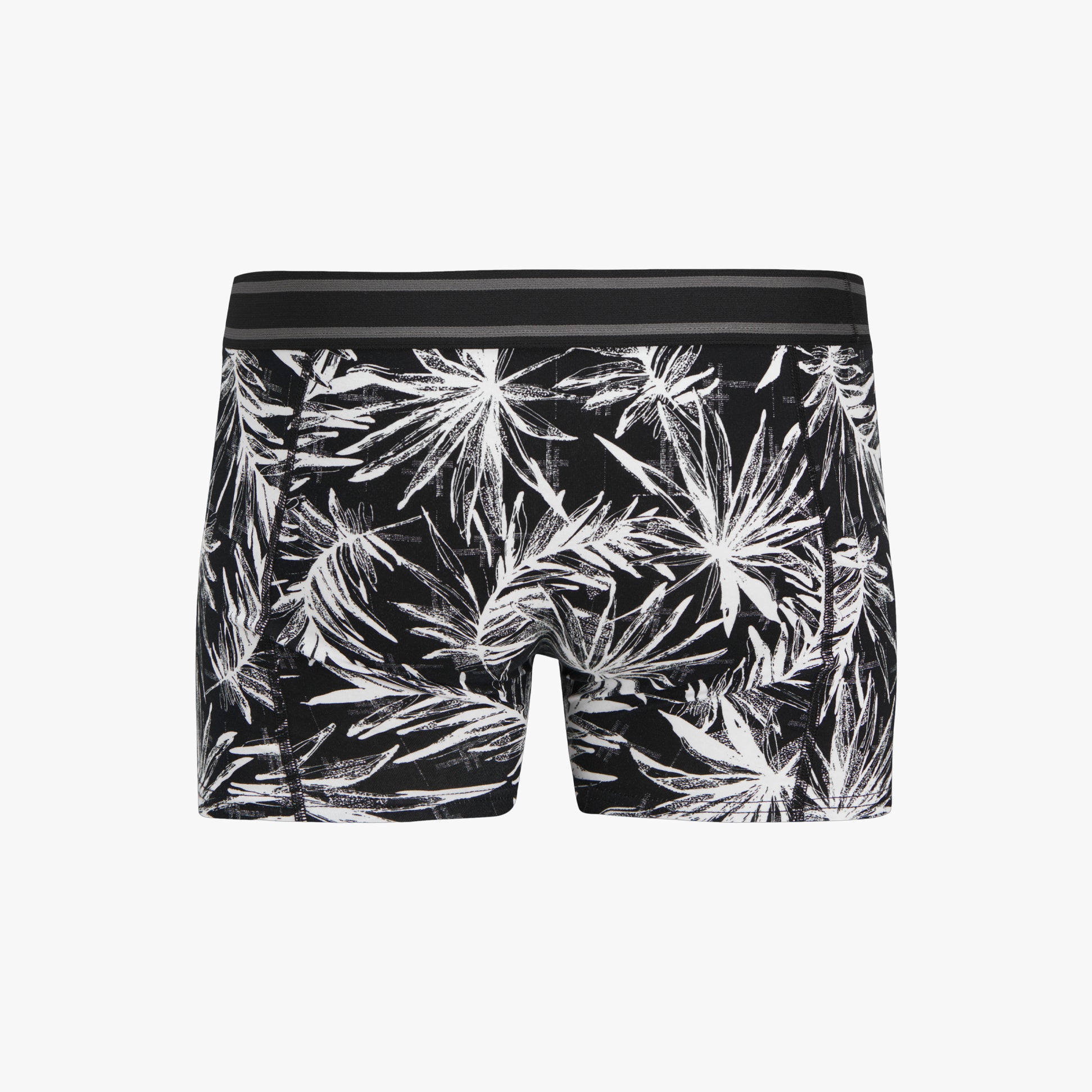 Jack & Jones JACRICHARD 3 Pack Mens Trunks Black front view featuring tropical leaf design and branded elastic waistband.