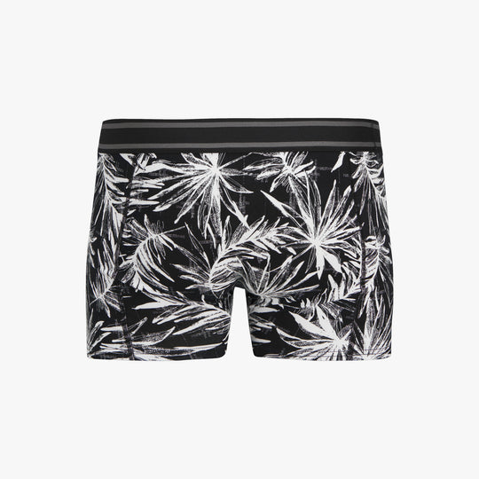 Jack & Jones JACRICHARD 3 Pack Mens Trunks Black front view featuring tropical leaf design and branded elastic waistband.