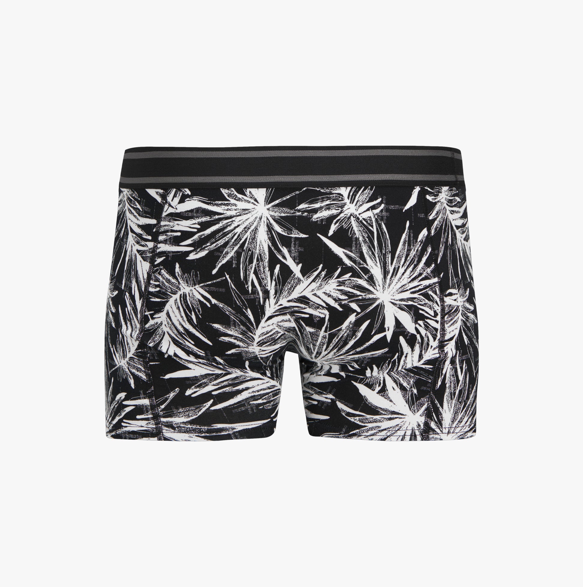 Jack & Jones JACRICHARD 3 Pack Mens Trunks Black front view featuring tropical leaf design and branded elastic waistband.