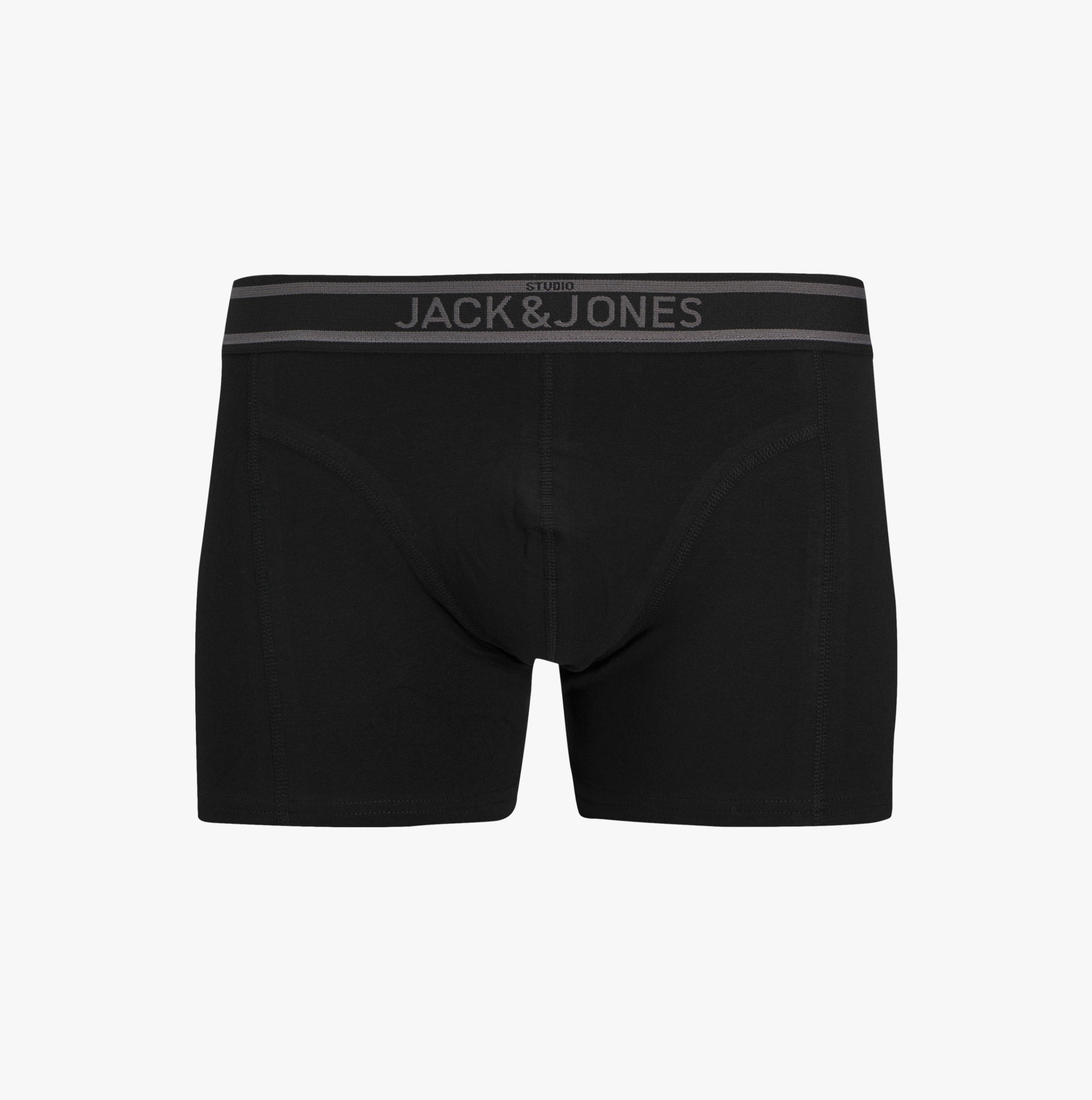 Jack & Jones JACRICHARD 3 Pack Mens Trunks Black front view featuring branded elasticated waistband.