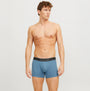 Jack & Jones JACRICHARD 3 Pack Mens Trunks Black front view modeled by a male wearing the trunks with branded elasticated waistband.
