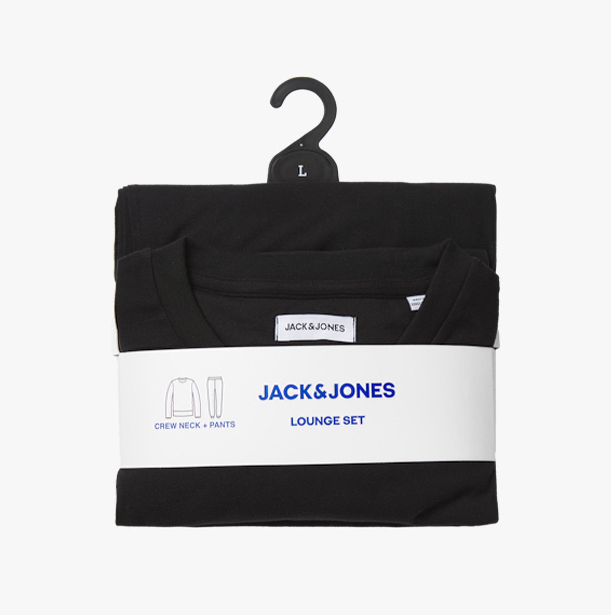 Jack & Jones SOLID LOUNGE Set Mens Black, folded crew neck and pants displayed with label on hanger.