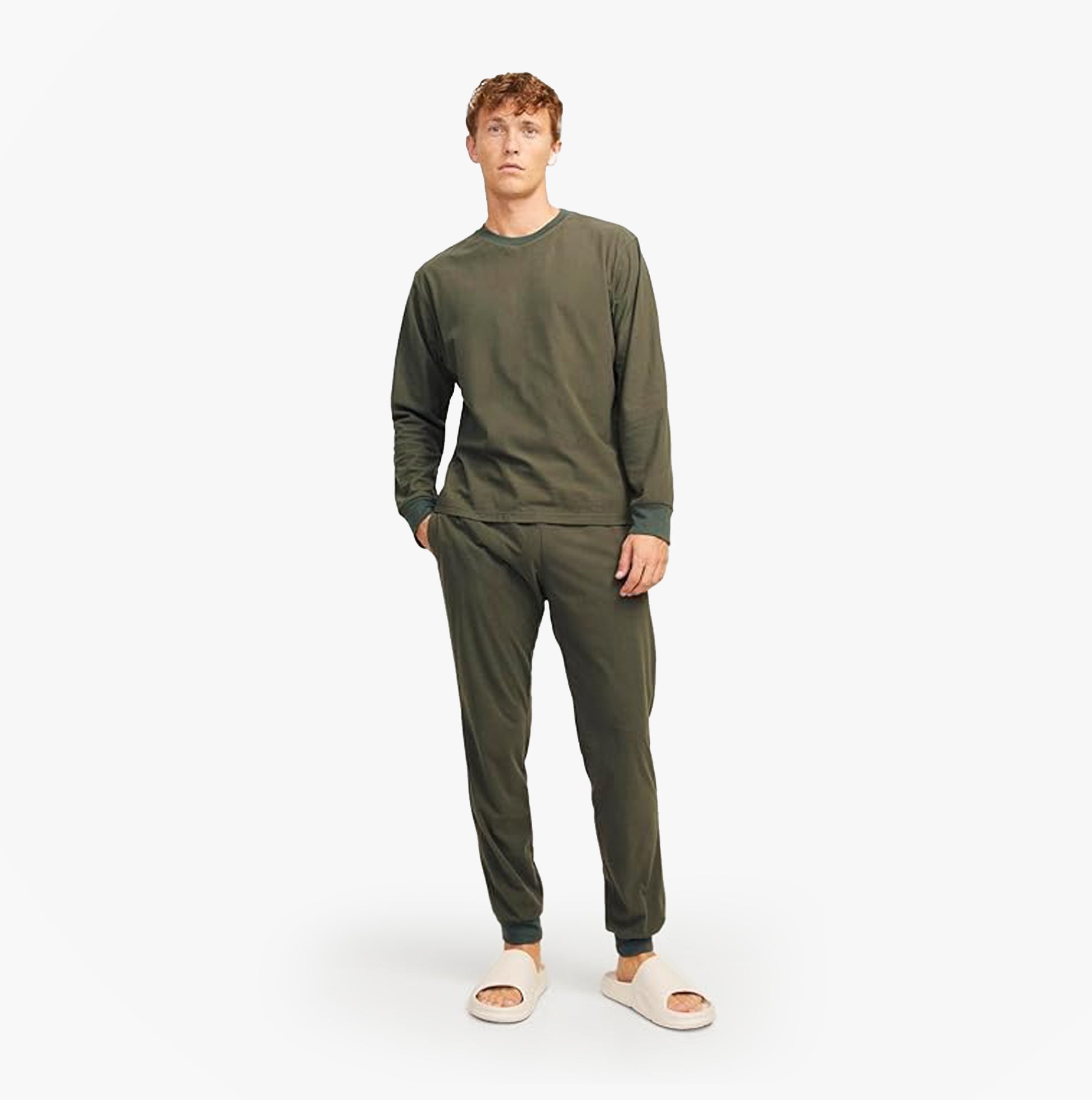 Jack & Jones SOLID LOUNGE Set Mens Forest Night front view featuring long sleeve top and pants in forest night color.