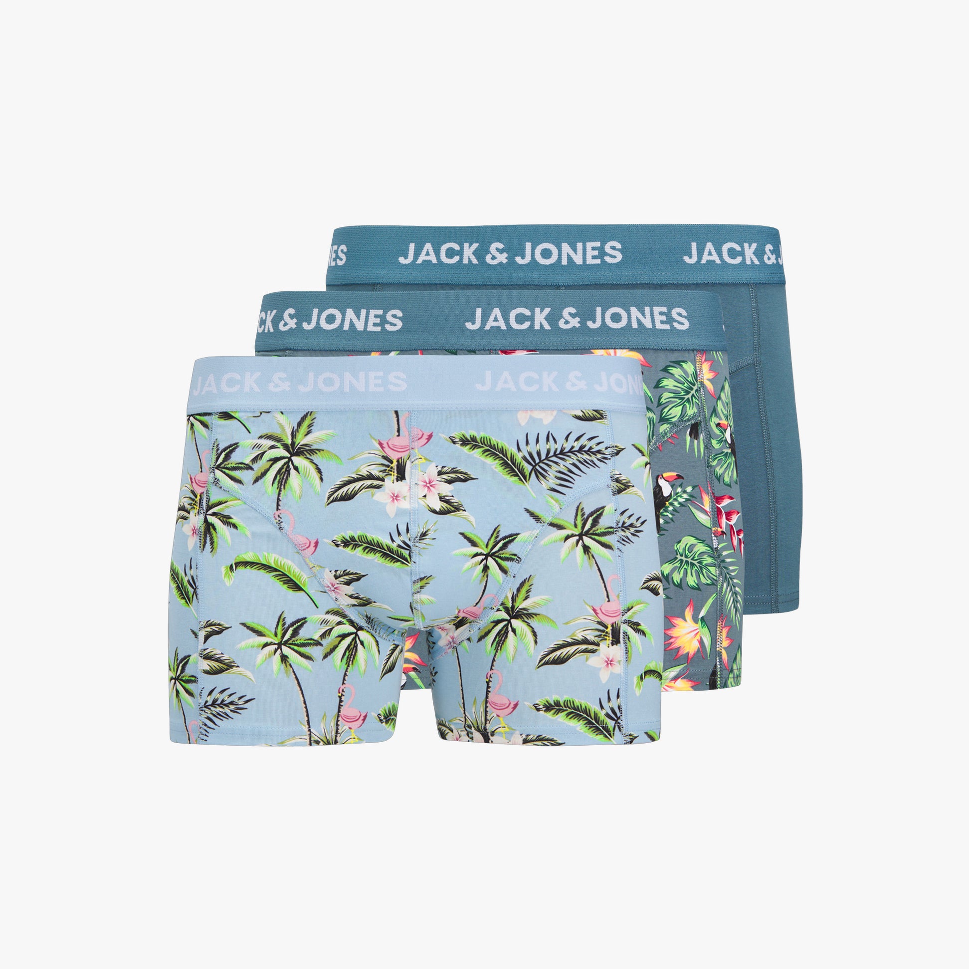 Jack & Jones JACFLOWER BIRD 3 Pack Mens Trunks Chambray Blue front view featuring blue and floral patterned trunks.