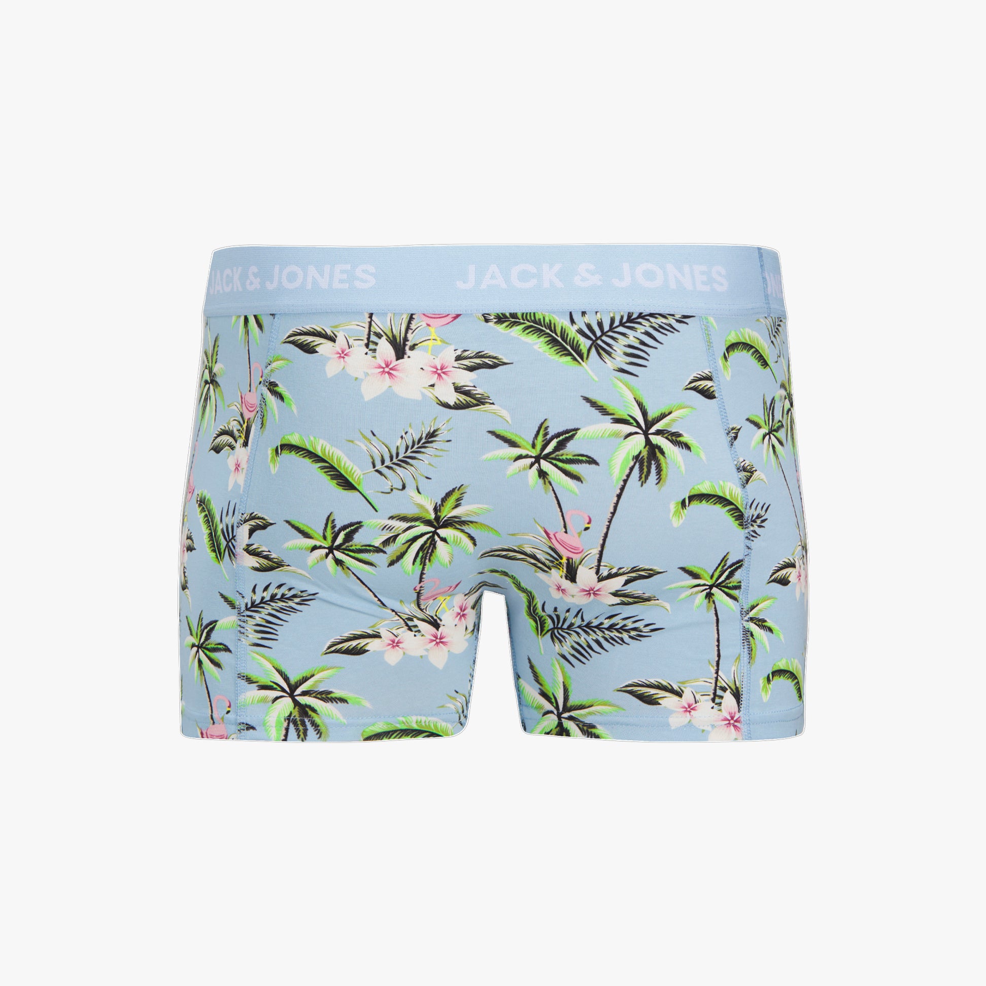 Jack & Jones JACFLOWER BIRD 3 Pack Mens Trunks Chambray Blue front view with tropical print and branded waistband.