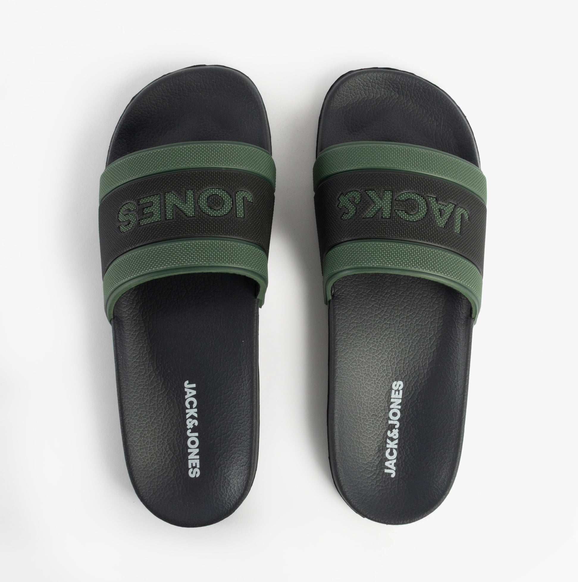 Jack & Jones JARRED Mens Sliders Anthracite top view showing green and black design with slip-on feature.