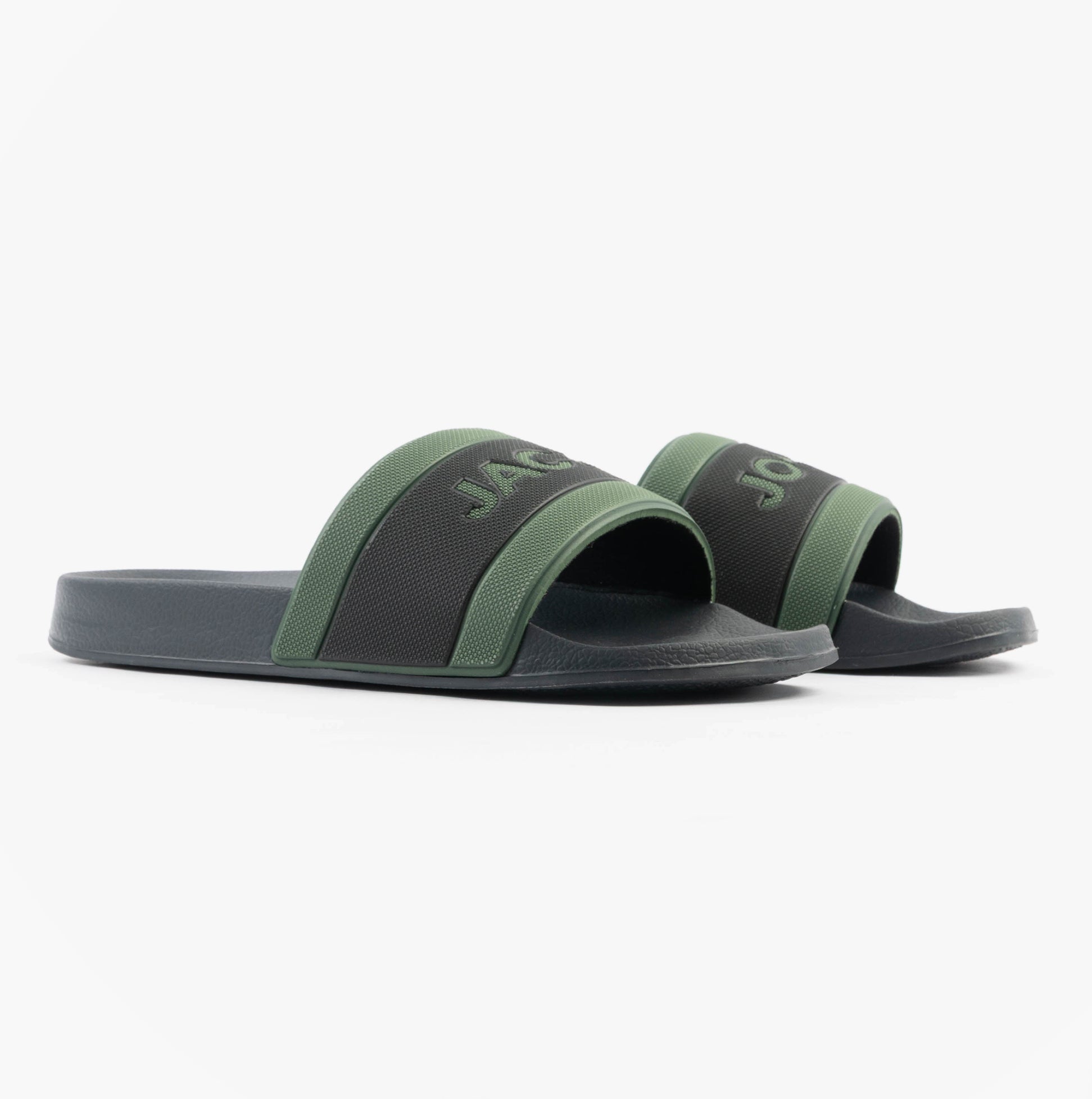 Jack & Jones JARRED Mens Sliders Anthracite side view showing green and black synthetic upper and slip-on design.