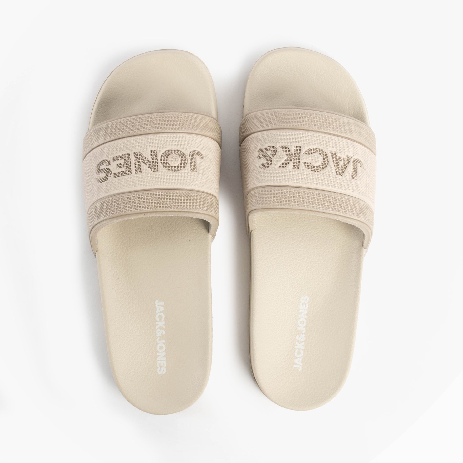 Jack & Jones JARRED Mens Sliders Moonbeam top view with beige synthetic upper and slip-on design.