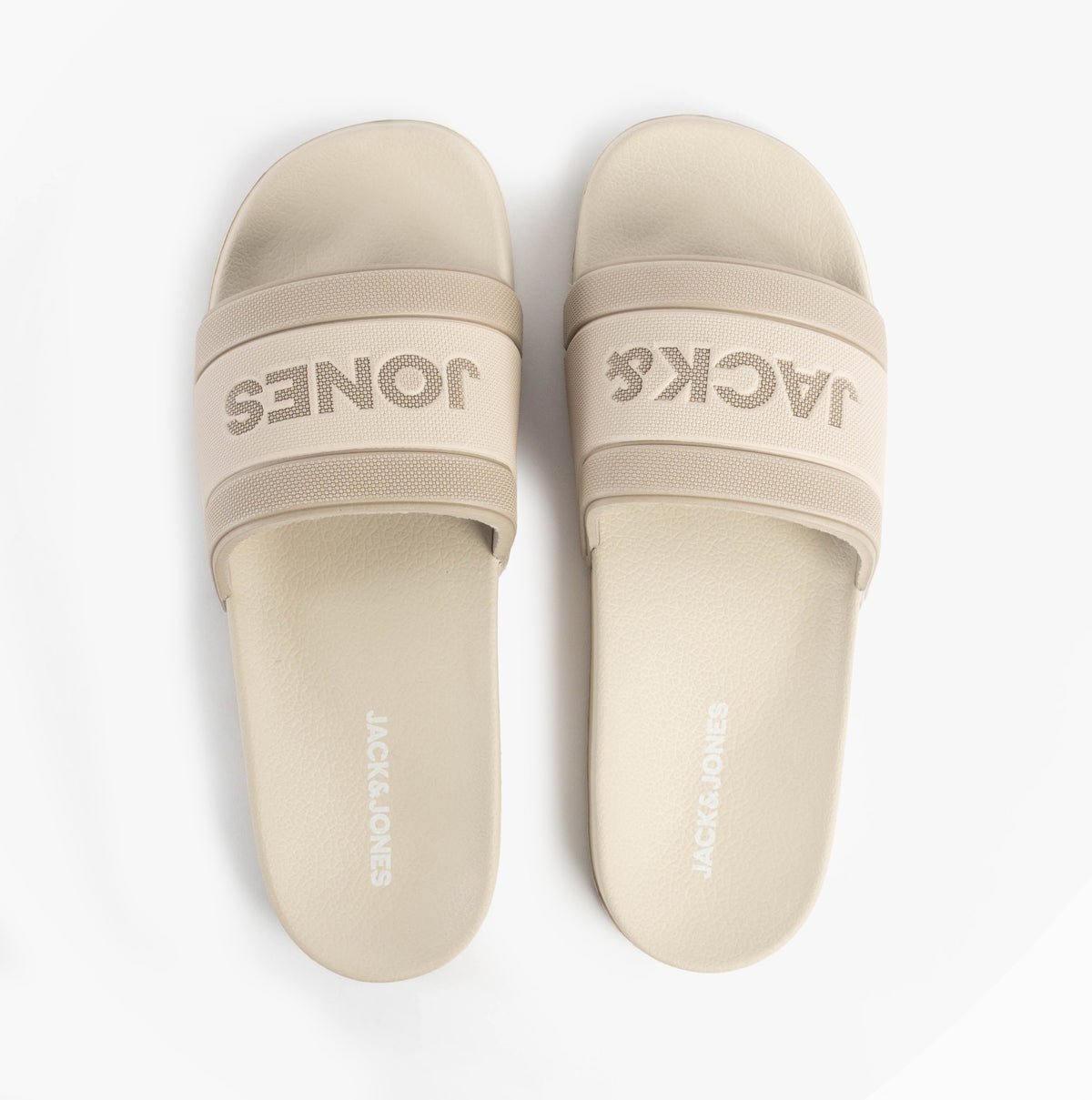 Jack & Jones JARRED Mens Sliders Moonbeam top view with beige synthetic upper and slip-on design.