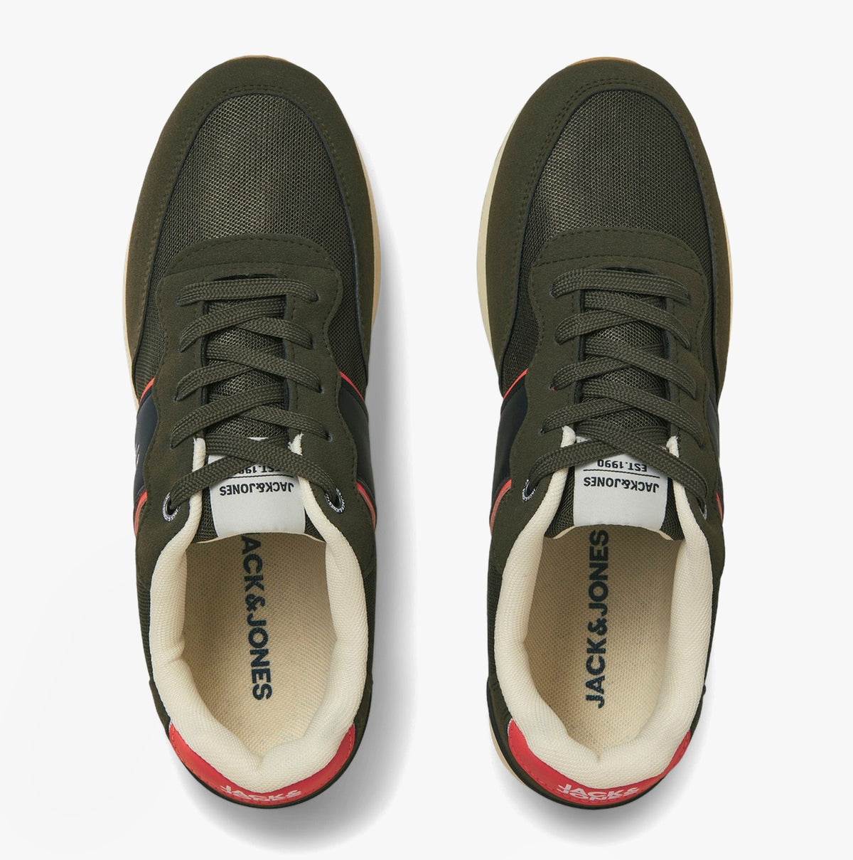 Jack & Jones SPIRIT RUNNER Mens Trainers Olive Night top view showing lace-up design and comfortable lining.