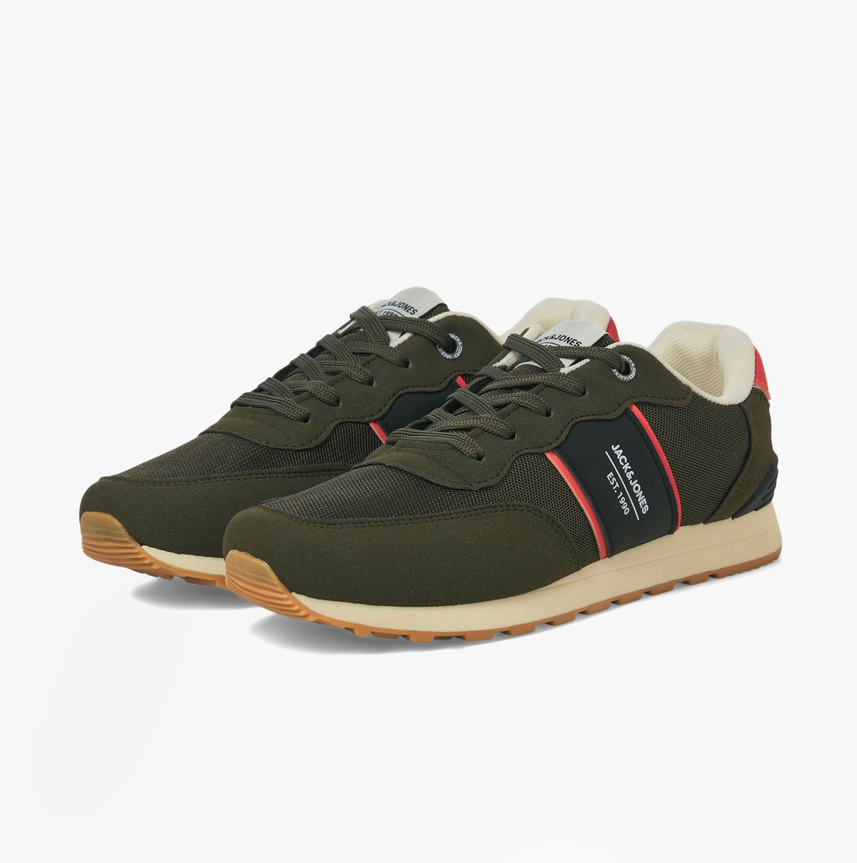 Jack & Jones SPIRIT RUNNER Mens Trainers Olive Night side view with contrast details and lace-up design.