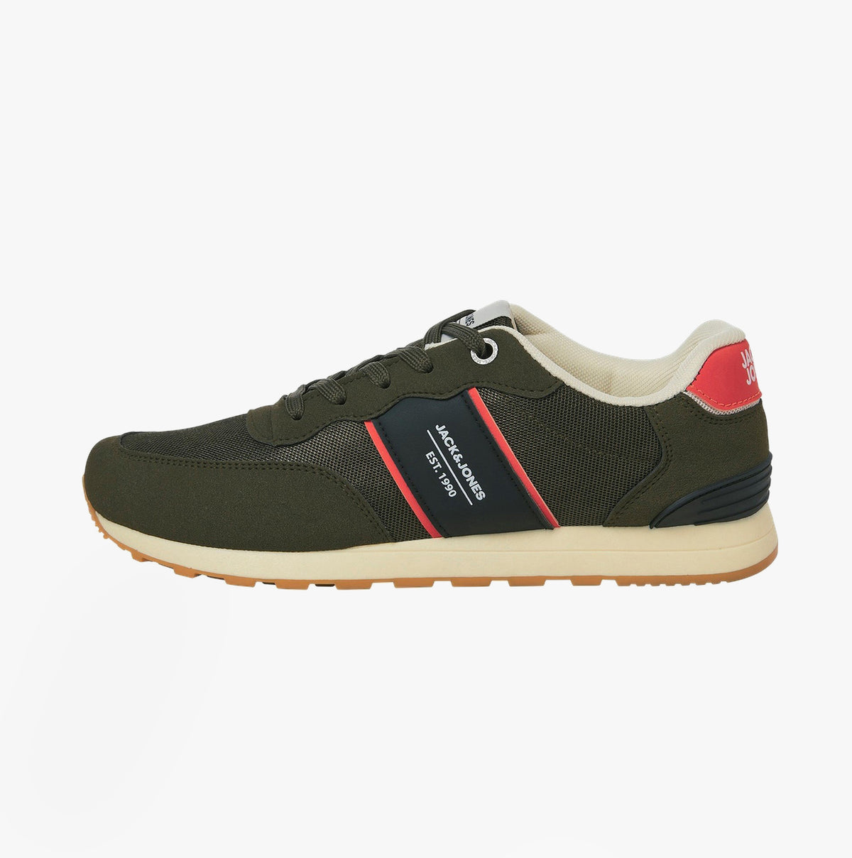 Jack & Jones SPIRIT RUNNER Mens Trainers Olive Night side view showing casual design and lace-up closure.