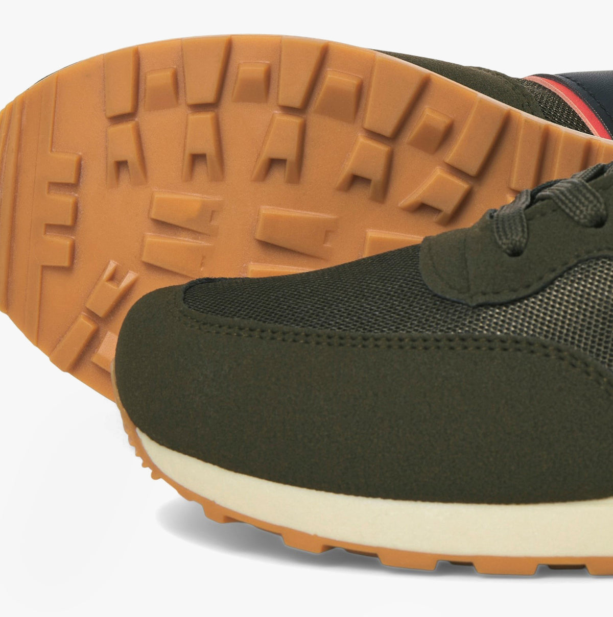 Jack & Jones SPIRIT RUNNER Mens Trainers Olive Night detail view showing the rubber sole and olive night upper material.