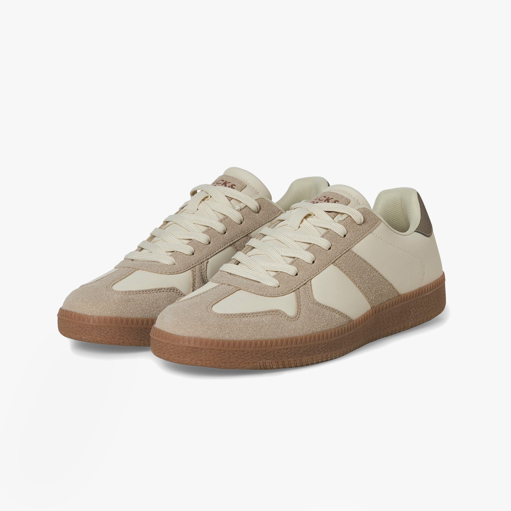 Jack & Jones VALENCIA Mens Trainers Fog Savannah Tan side view showing casual style and lace-up closure.