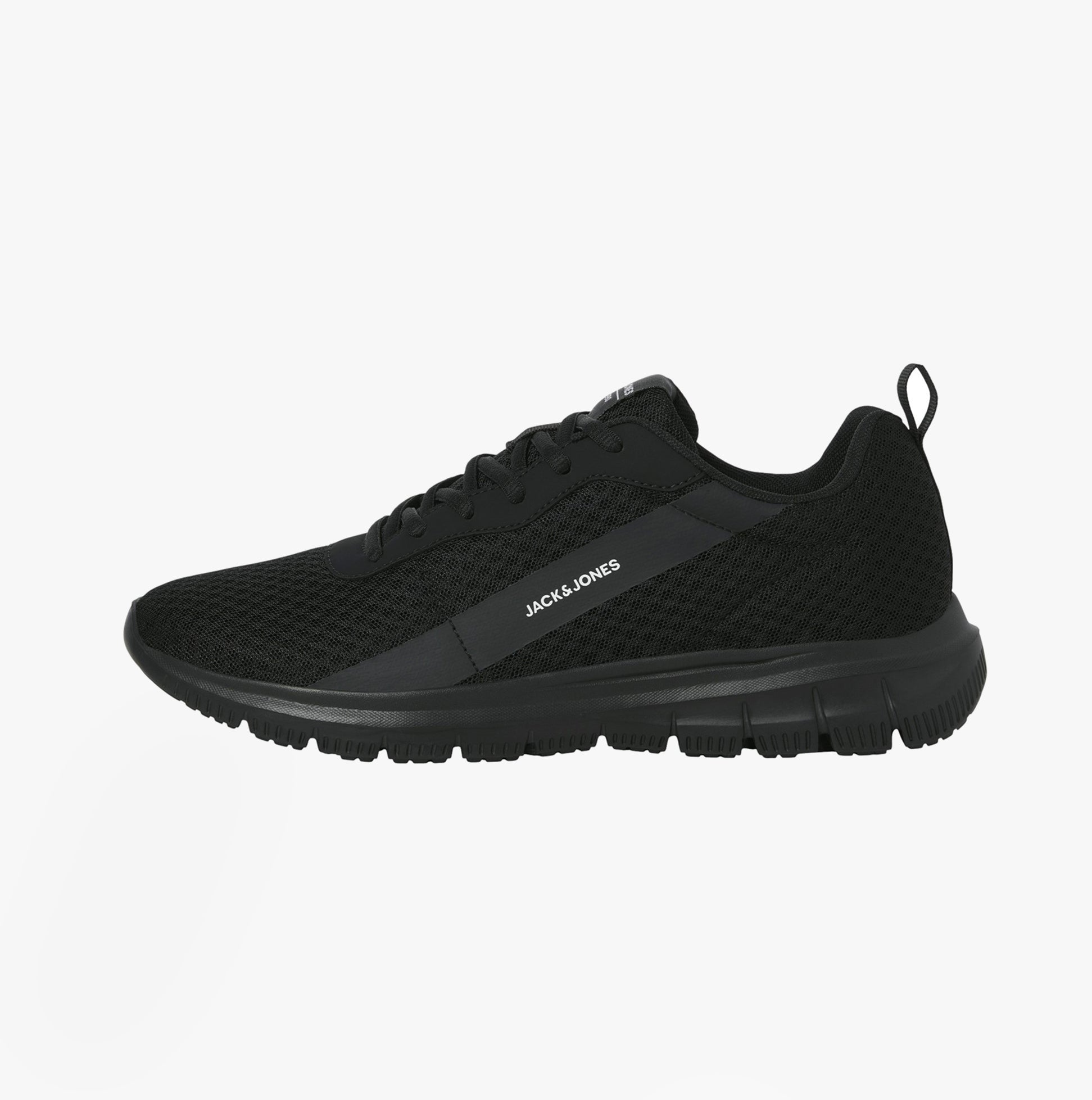 Jack & Jones TAYLOR MESH Mens Trainers Anthracite side view featuring a black mesh upper and lace-up closure.