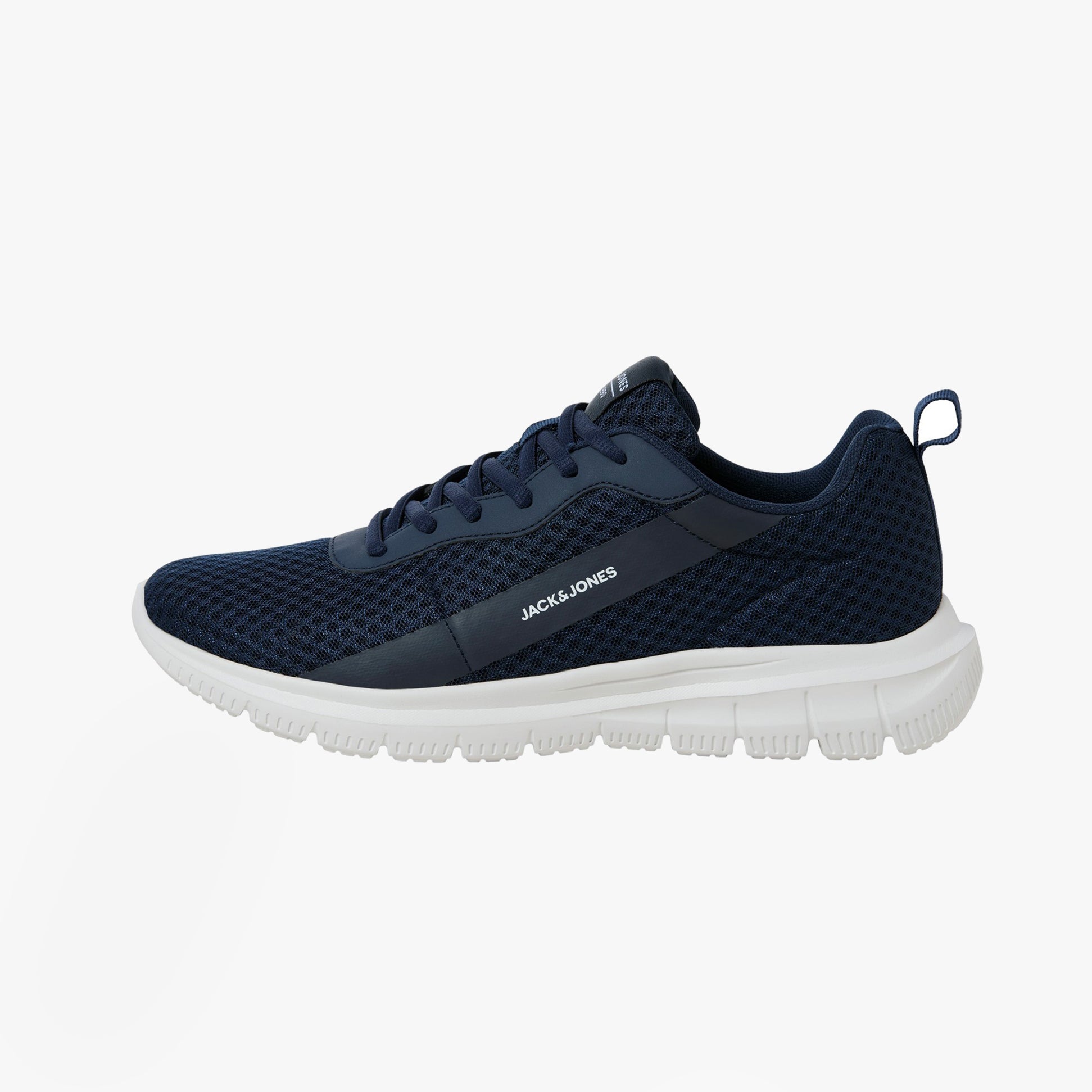 Jack & Jones TAYLOR MESH Mens Trainers Navy Blazer side view, casual PU mesh trainers with lace-up closure.