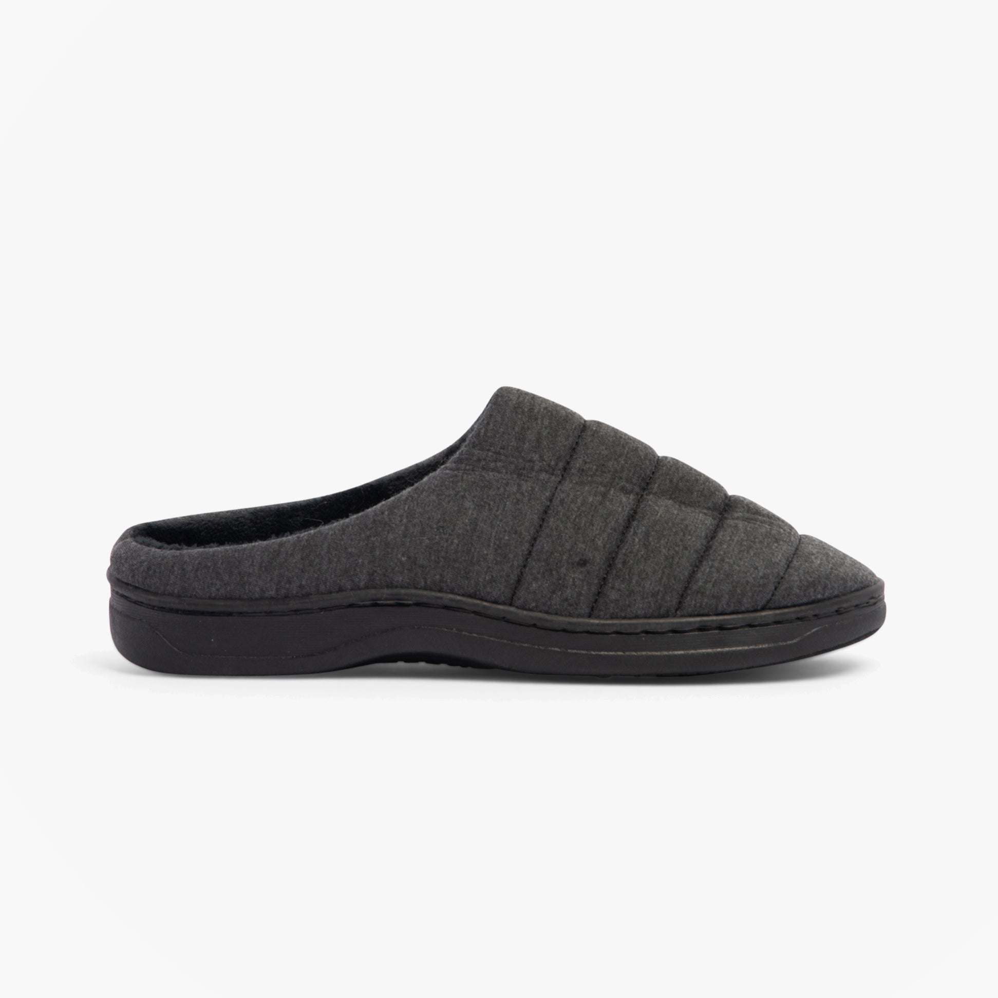 Jo & Joe AINSLEY Mens Slippers Black side view showing soft textile upper and comfortable slip-on mules.