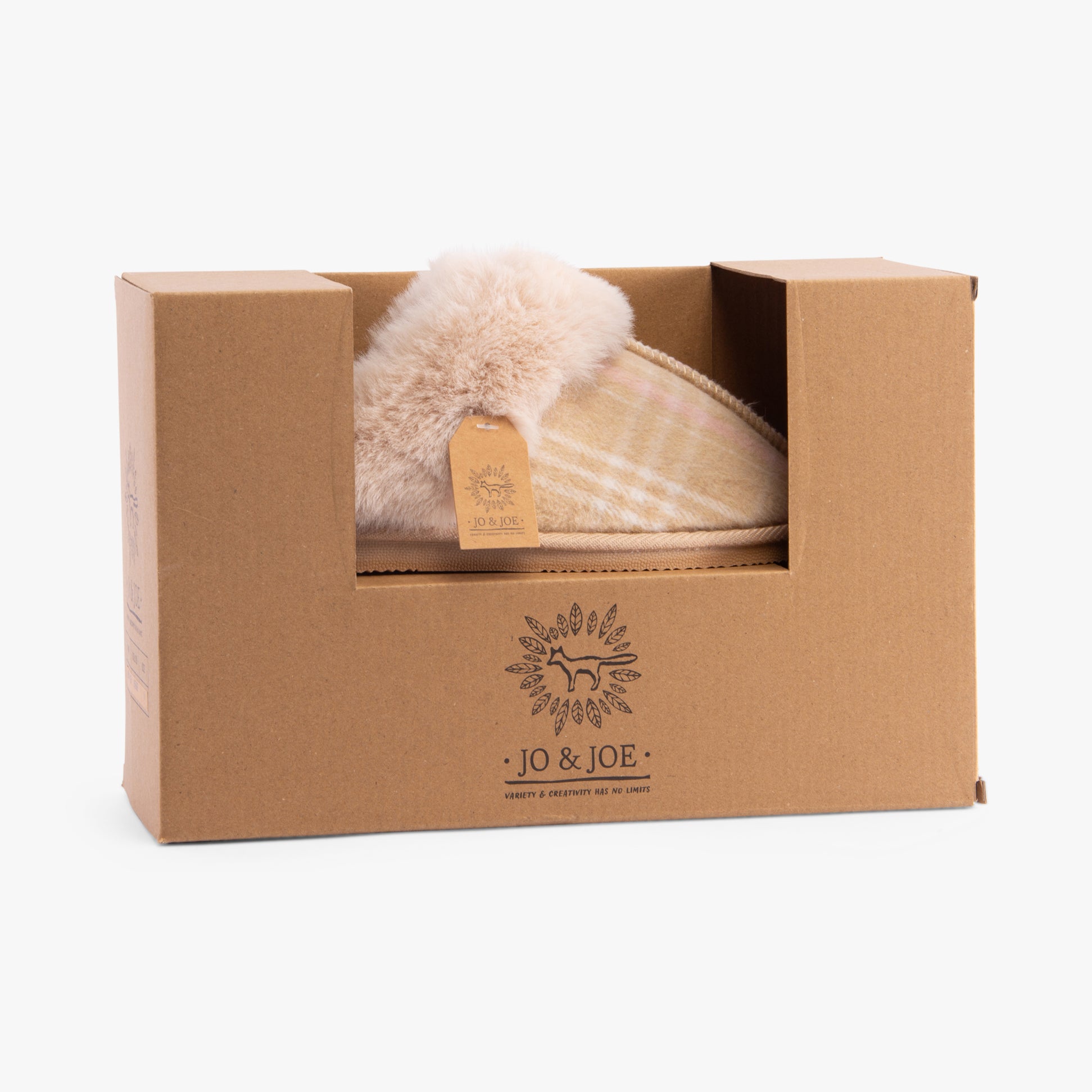 Jo & Joe ALDWYCH Womens Slippers Beige in gift box with faux fur, side view display.