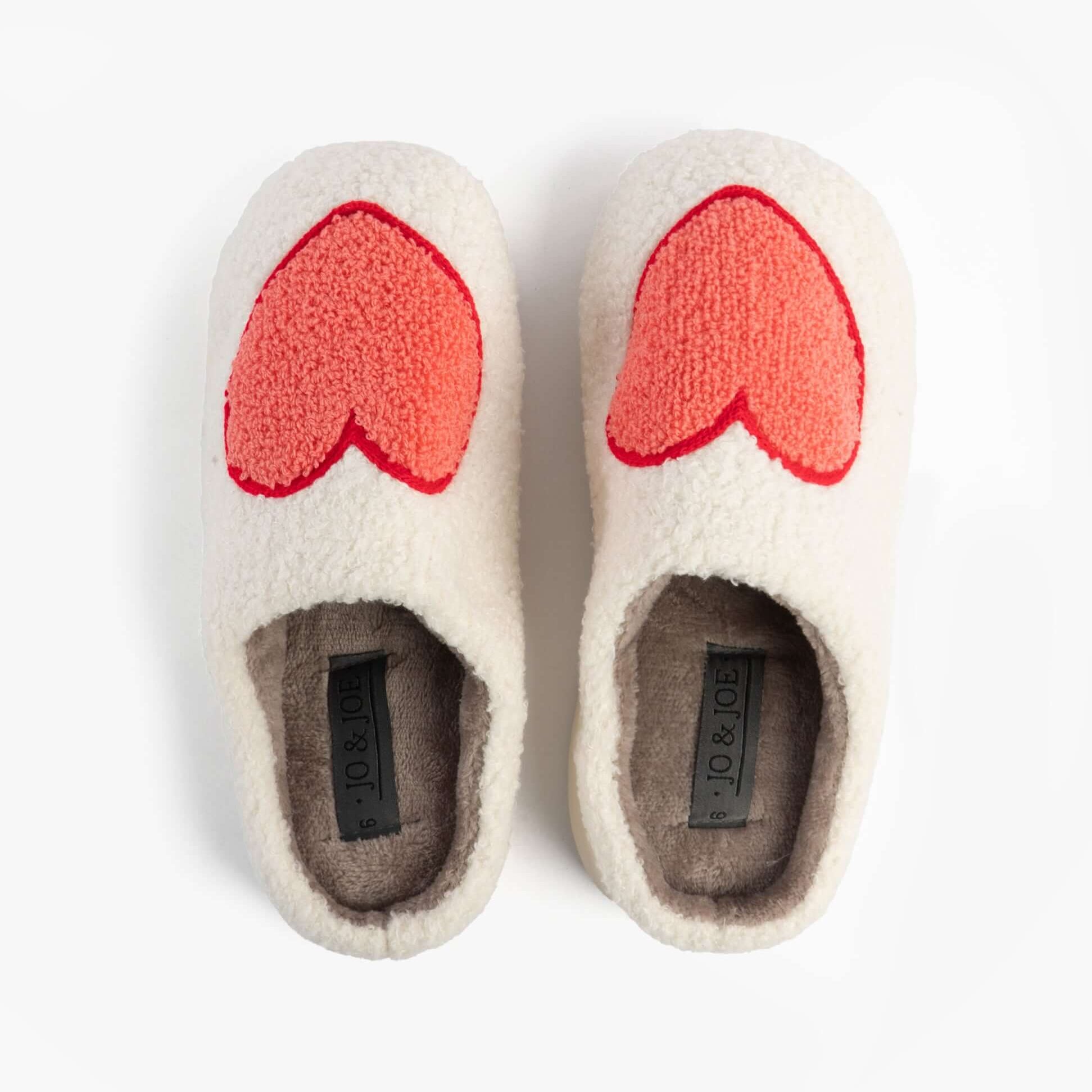 Jo & Joe AMOUR Womens Mule Slippers Cream, top view with red heart design, cozy textile upper and slip-on style.