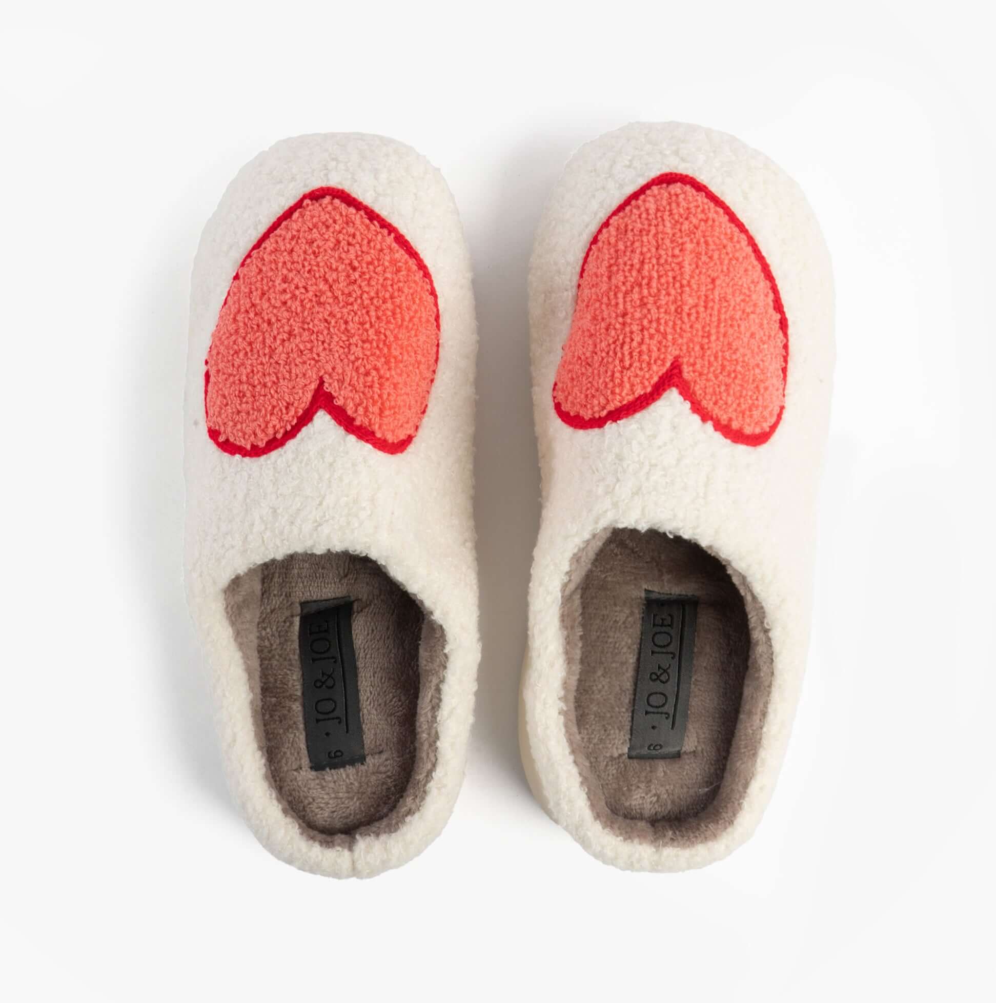 Jo & Joe AMOUR Womens Mule Slippers Cream, top view with red heart design, cozy textile upper and slip-on style.