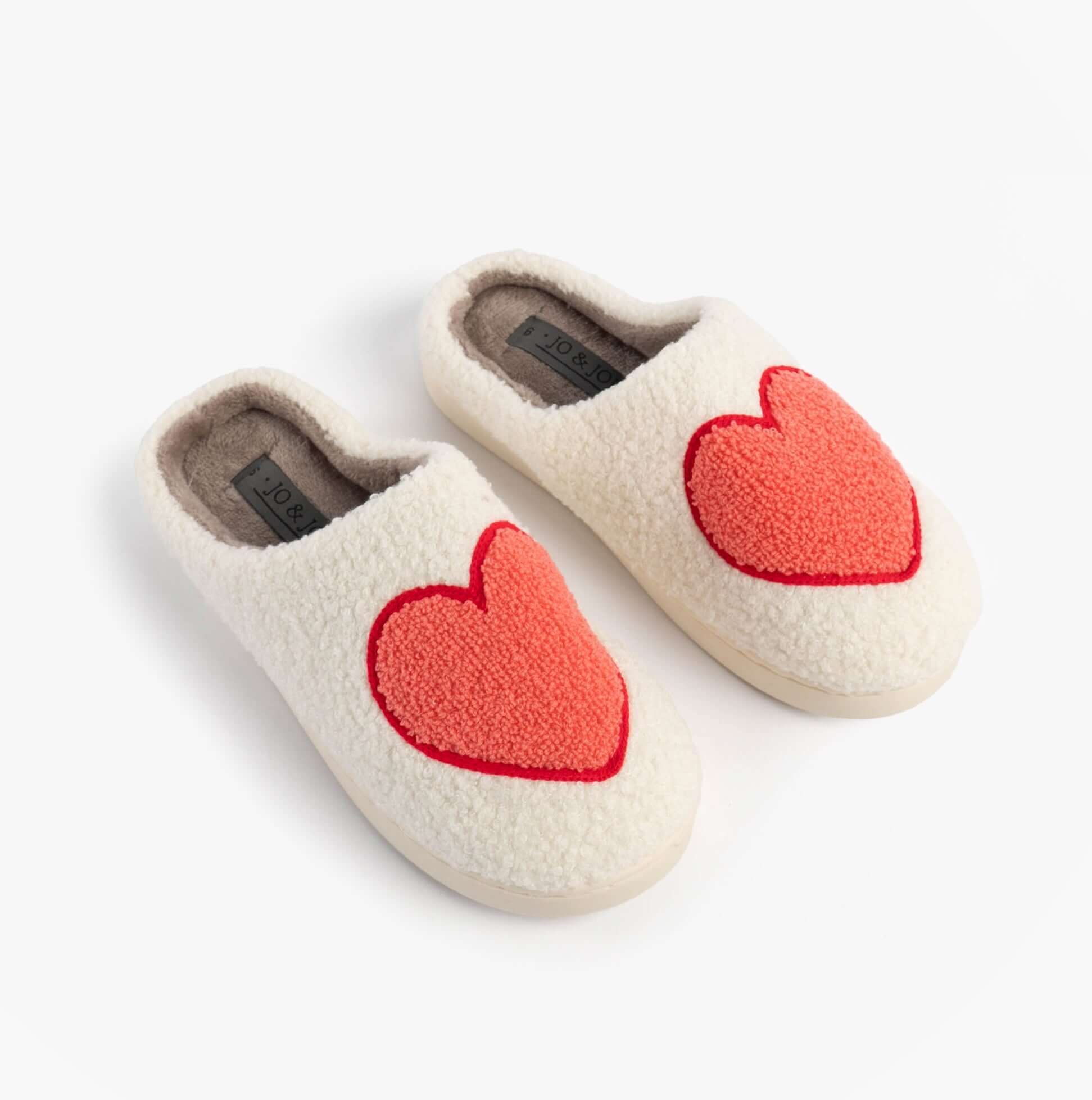 Jo & Joe AMOUR Womens Mule Slippers Cream top view featuring red heart designs on a cream background.