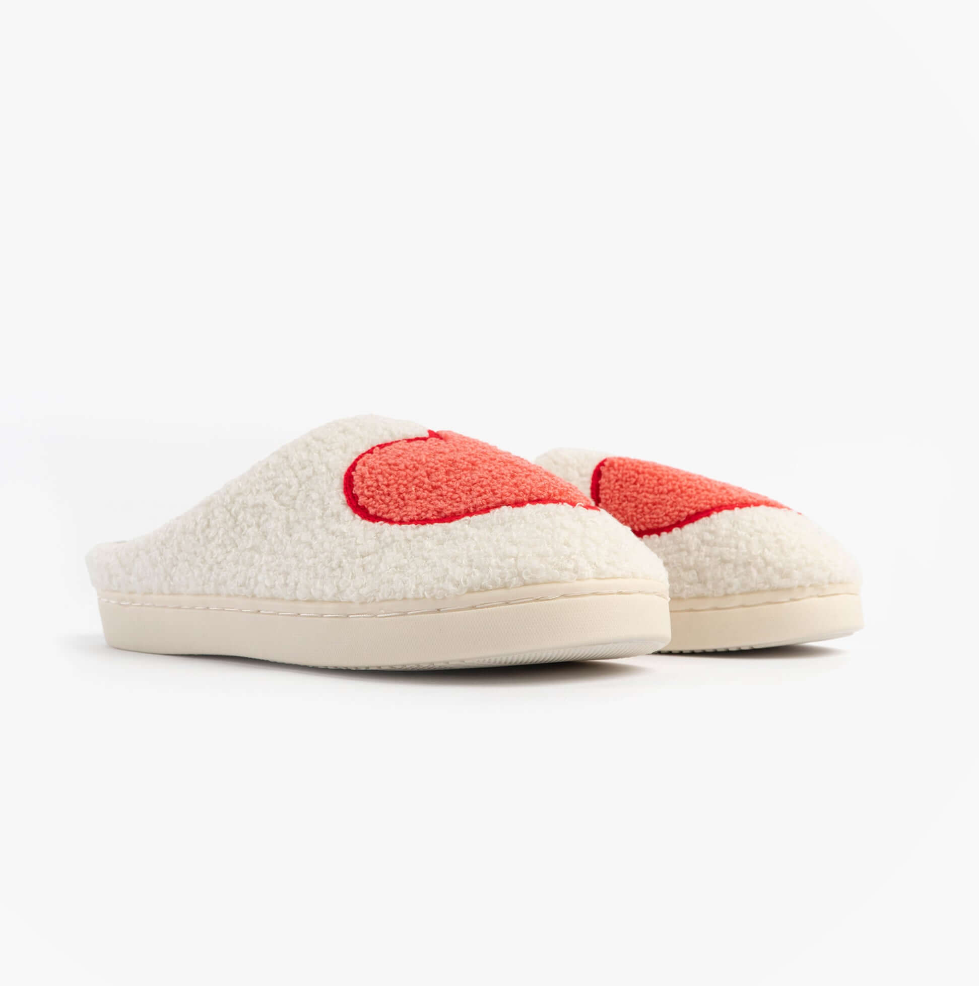 Jo & Joe AMOUR Womens Mule Slippers Cream side view showcasing soft cream fabric with red heart detail.