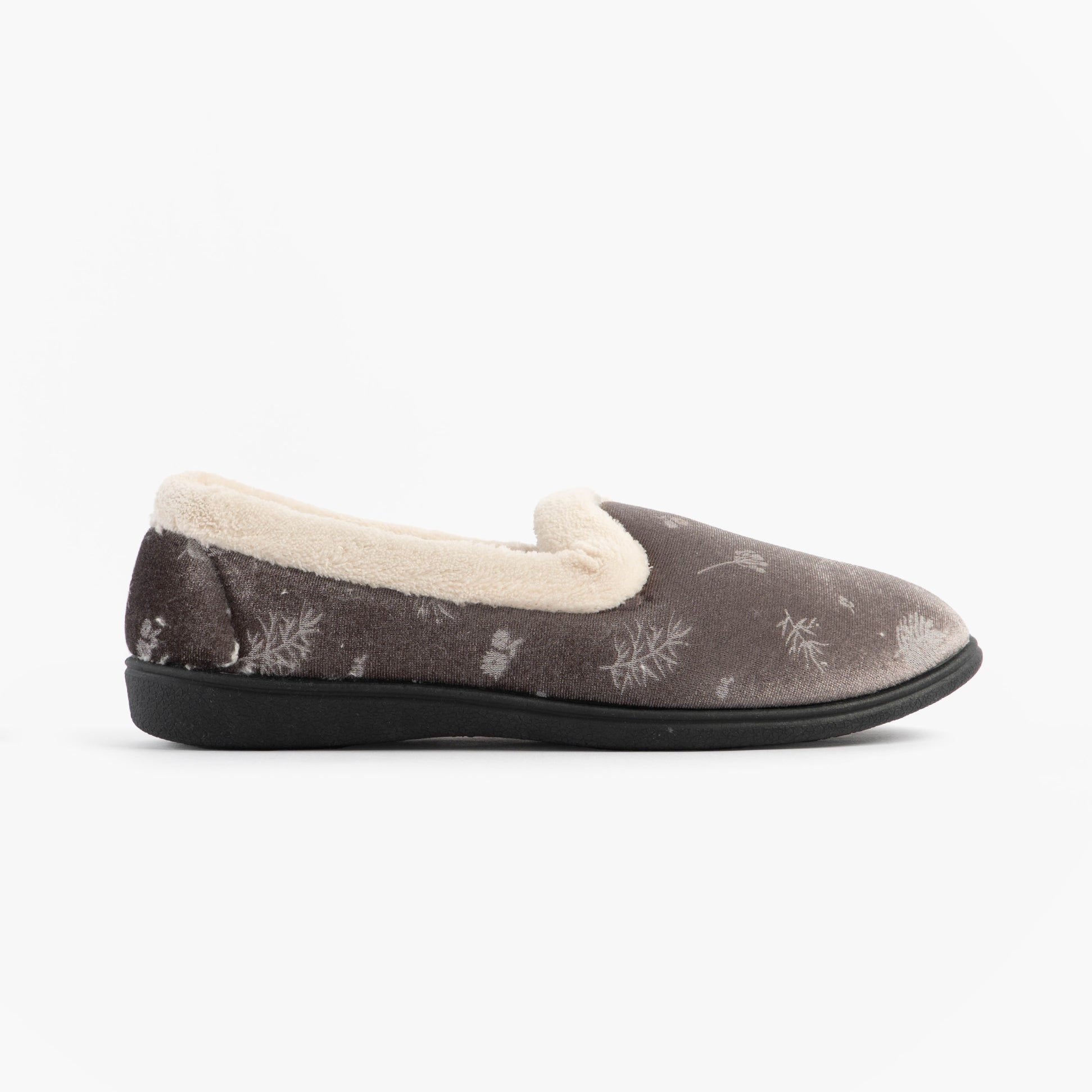 Jo & Joe ANNIE Womens Full Slippers Grey side view with textile upper, warm lining, and rubber sole.