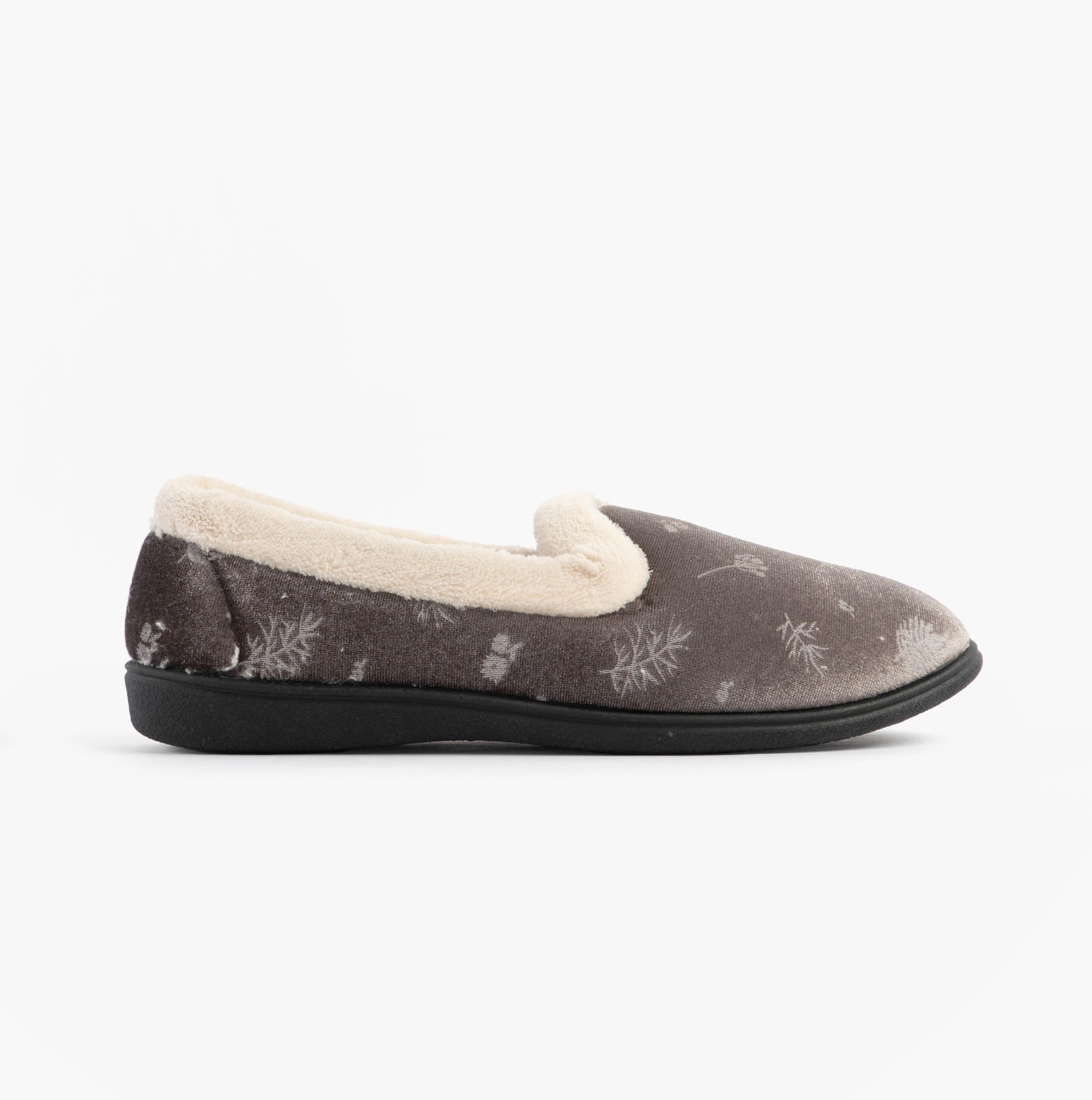 Jo & Joe ANNIE Womens Full Slippers Grey side view with textile upper, warm lining, and rubber sole.