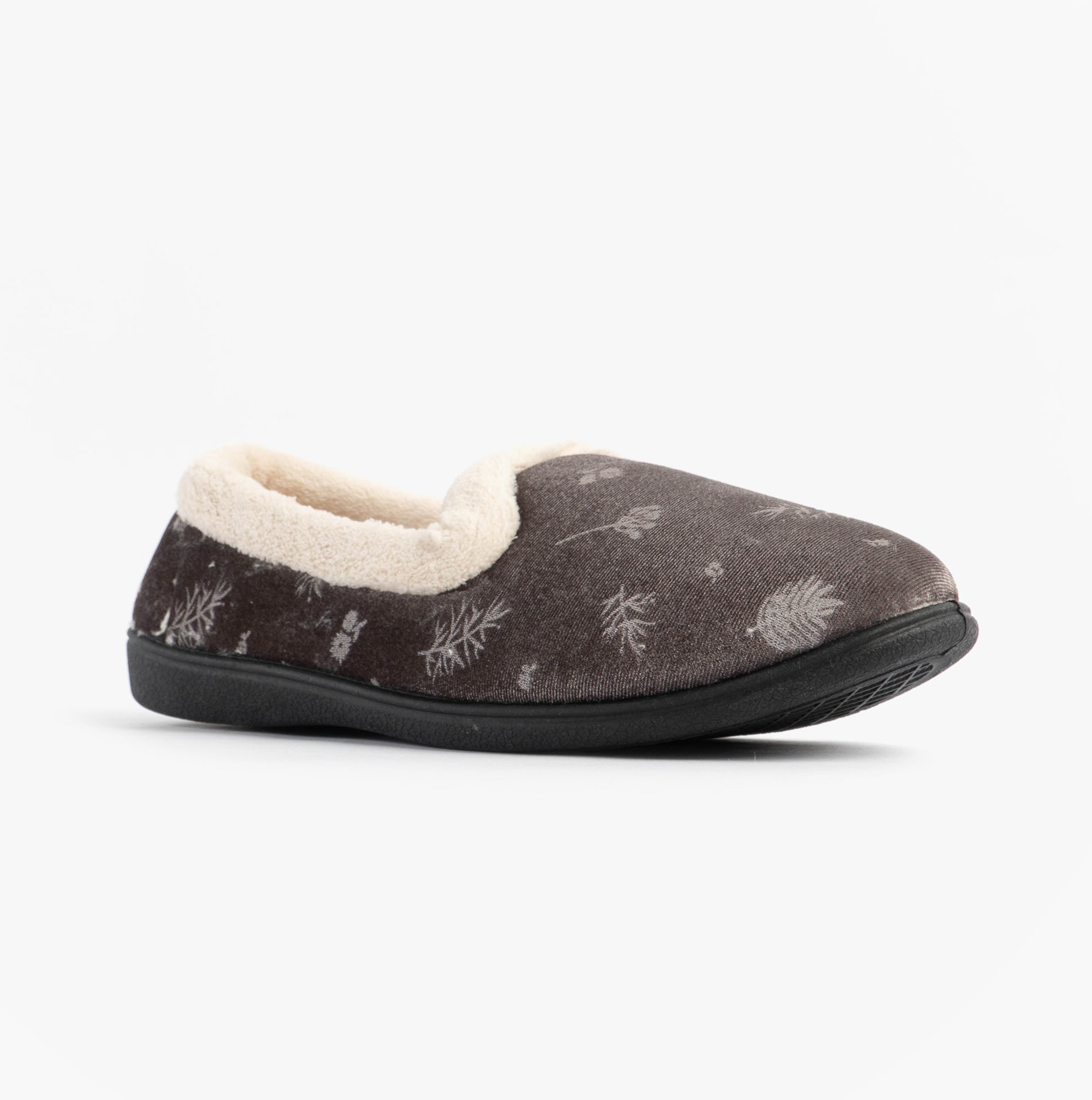Jo & Joe ANNIE Womens Full Slippers Grey side view with soft textile upper and rubber sole, featuring a round toe and warm lining.