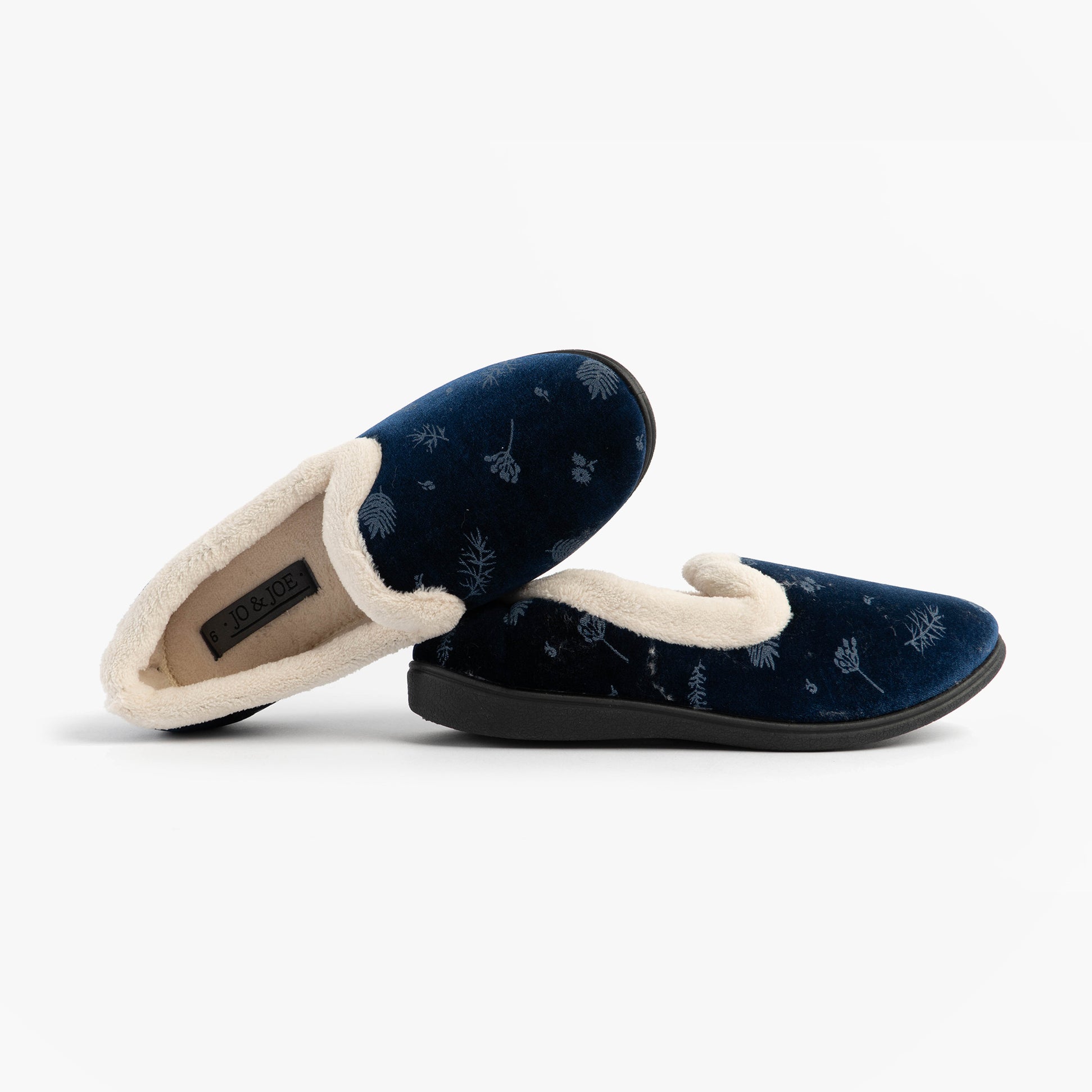 Jo & Joe ANNIE Womens Full Slippers Navy side view showcasing plush lining and floral detail.