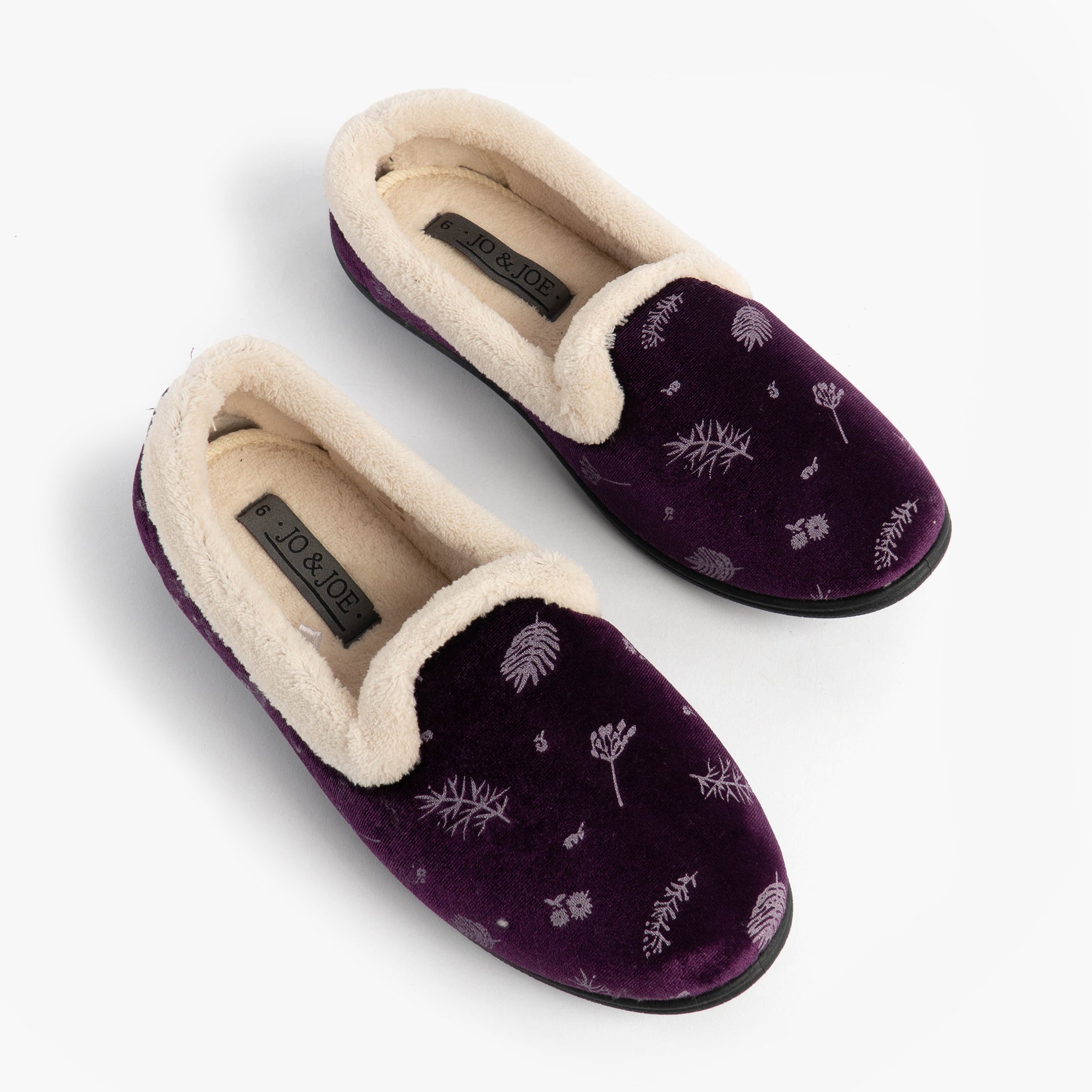 Jo & Joe ANNIE Womens Full Slippers Purple top view highlighting floral design and soft lining