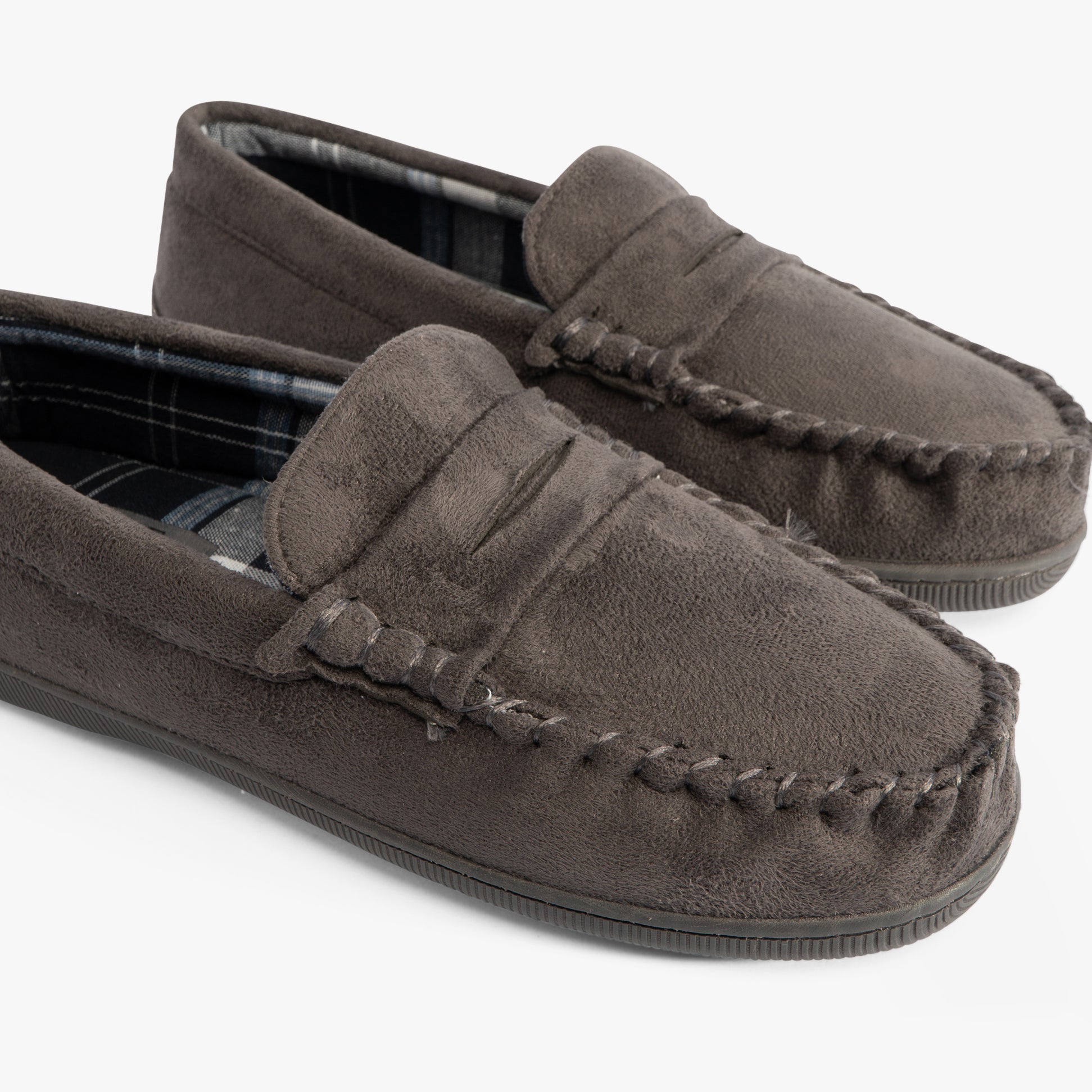 Jo & Joe BENSON Mens Slippers Grey, side view showing faux suede moccasin style with rubber sole and round toe.
