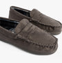 Jo & Joe BENSON Mens Slippers Grey, side view showing faux suede moccasin style with rubber sole and round toe.