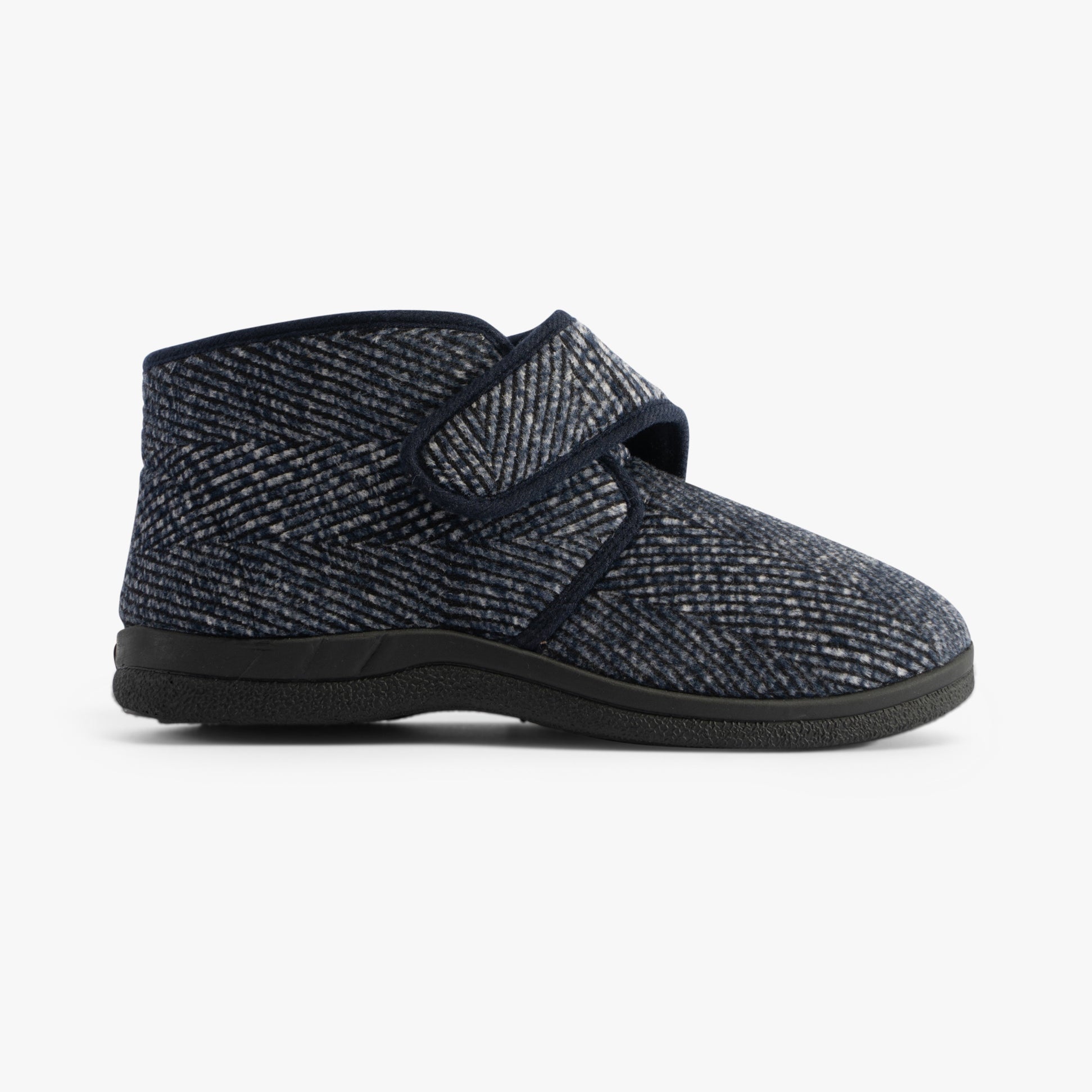 Jo & Joe BOB Mens Slippers Navy side view showing touch fasten design and textured upper material.