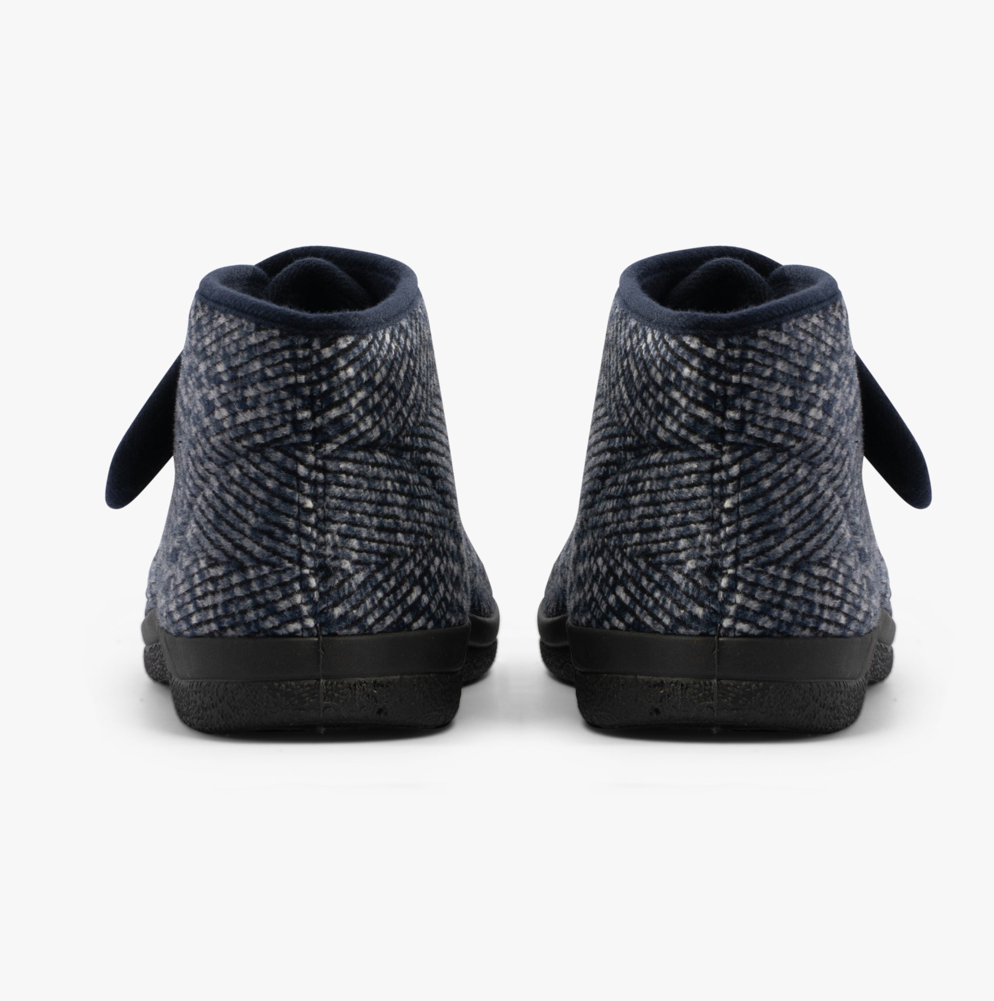 Jo & Joe BOB Mens Slippers Navy back view, showing textile upper, touch fasten strap, and rubber sole.