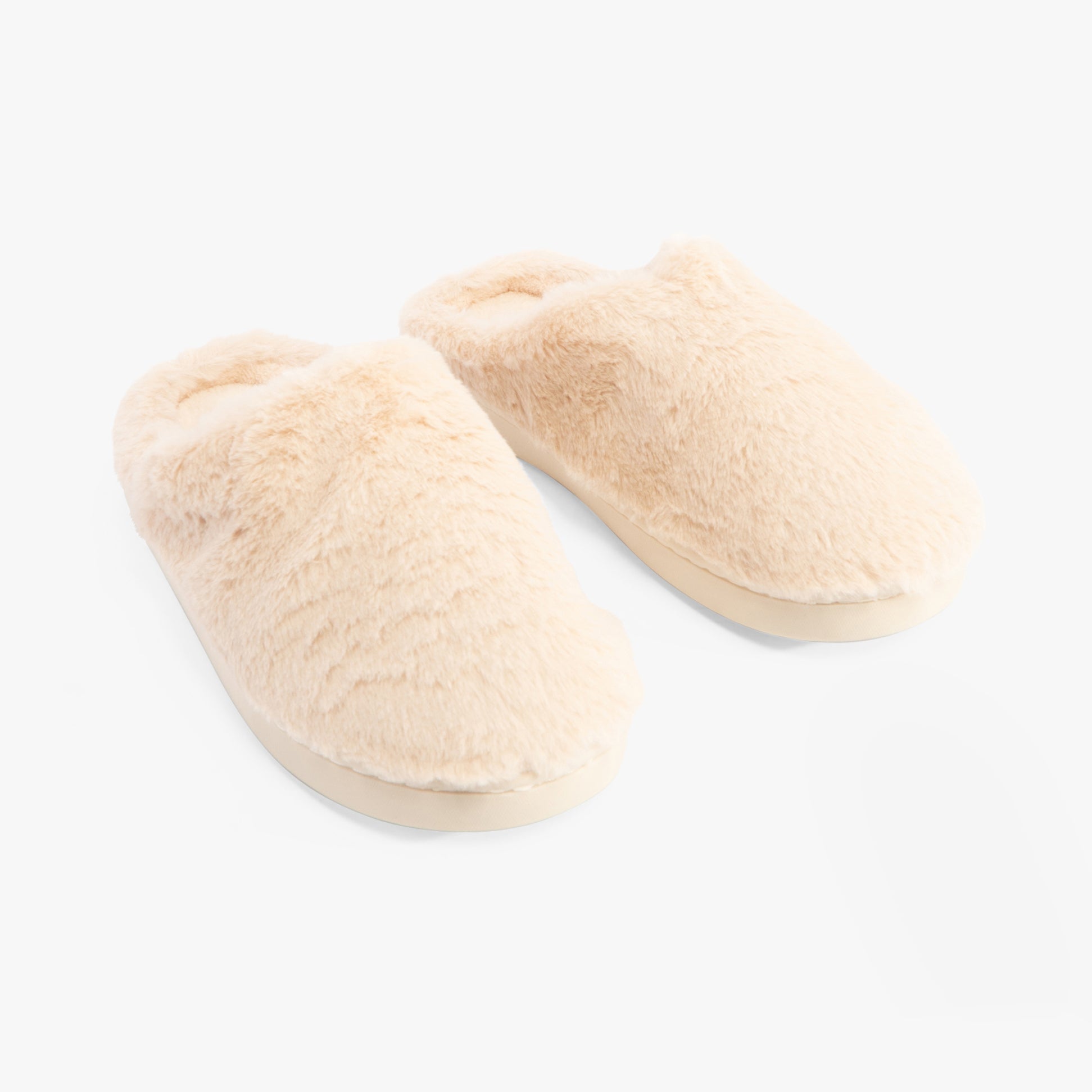 Jo & Joe CANDICE Womens Slippers Cream side view of cozy slip-on mules with soft plush upper and rubber sole.