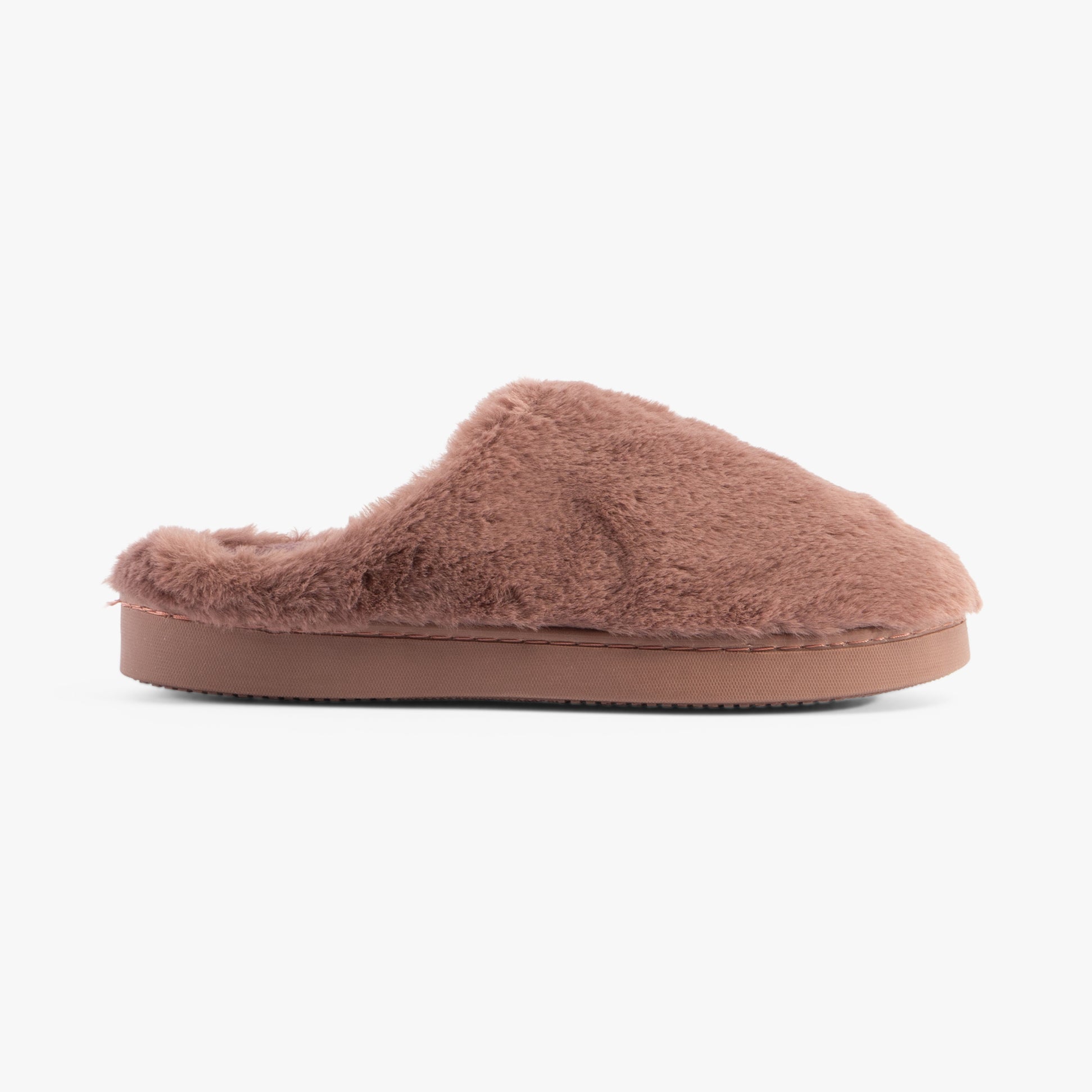 Jo & Joe CANDICE Womens Slippers Rose side view showing soft, fuzzy textile upper and rubber sole.