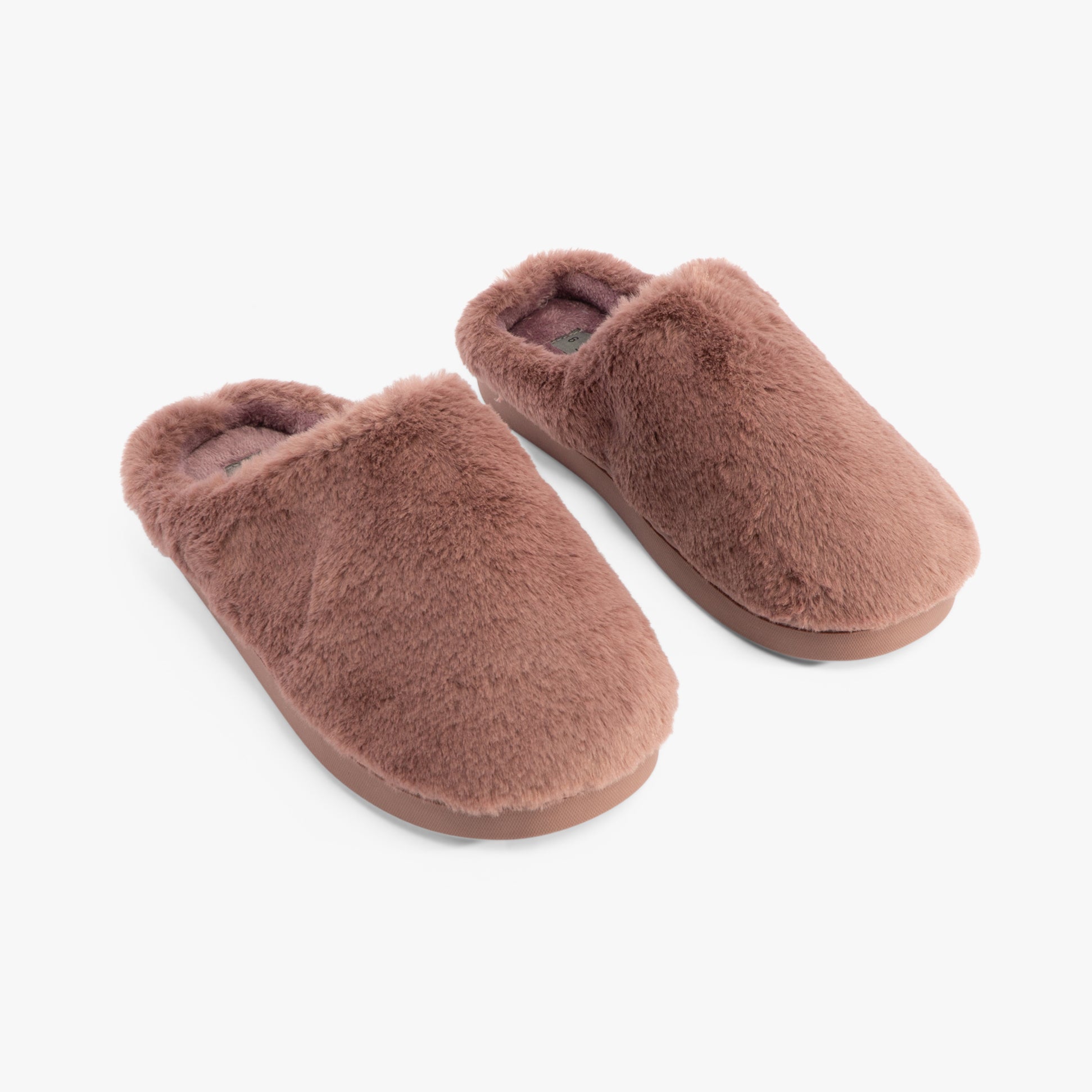 Jo & Joe CANDICE Womens Slippers Rose - side view of soft, fuzzy mules with rubber sole.