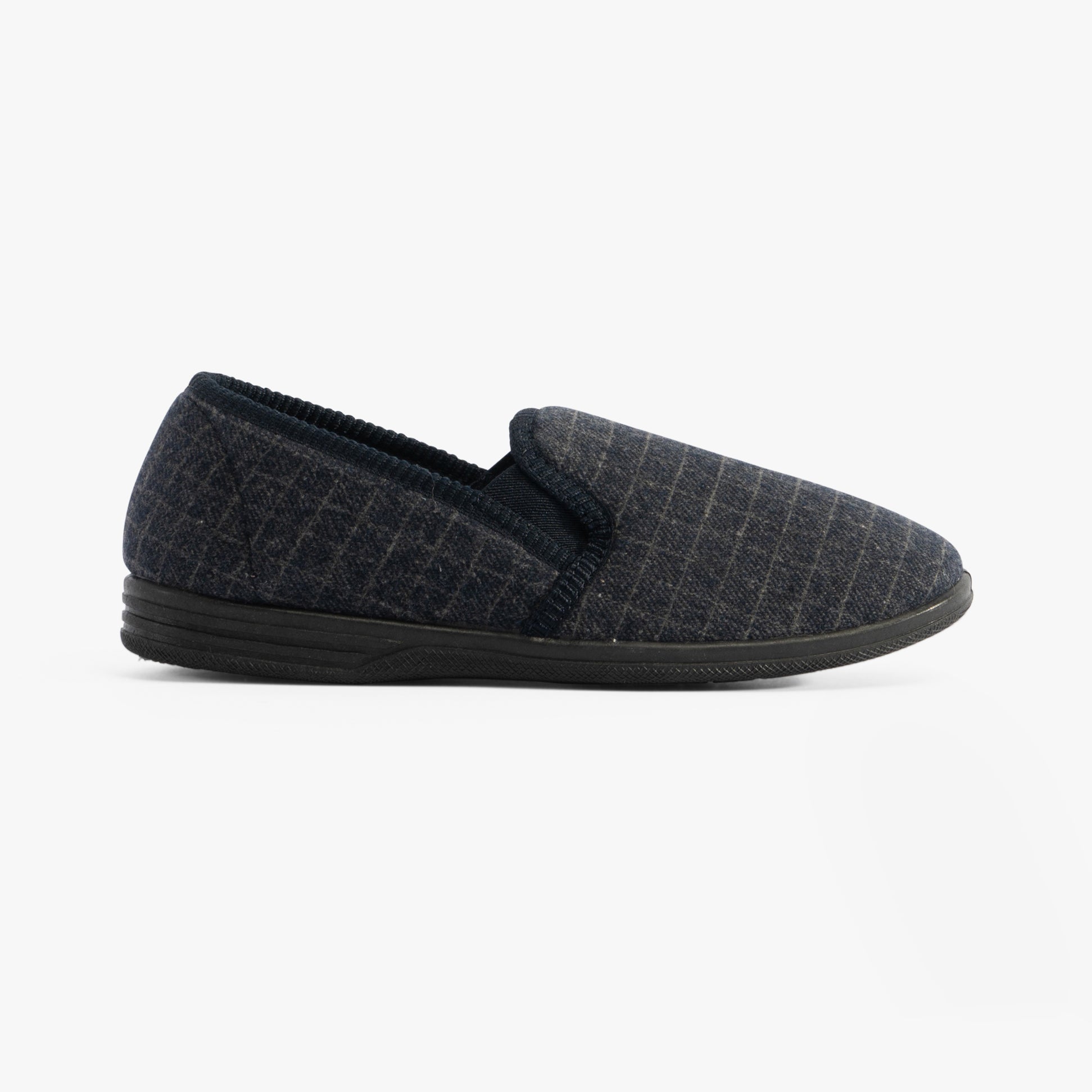 Jo & Joe CASPER Mens Slippers Navy side view showing textile upper and rubber sole.