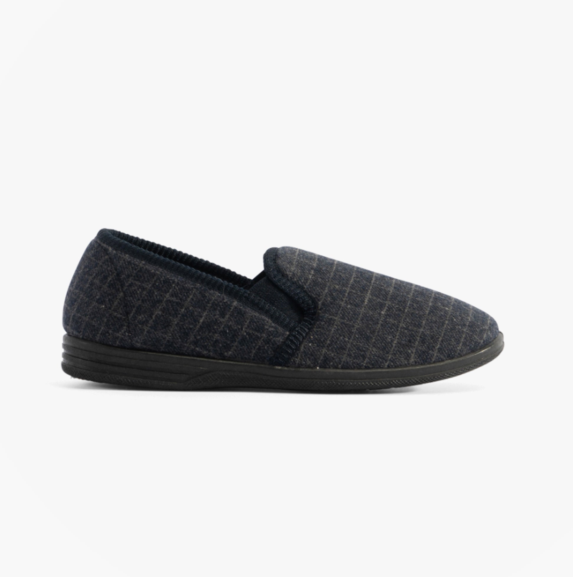 Jo & Joe CASPER Mens Slippers Navy side view showing textile upper and rubber sole for comfort.