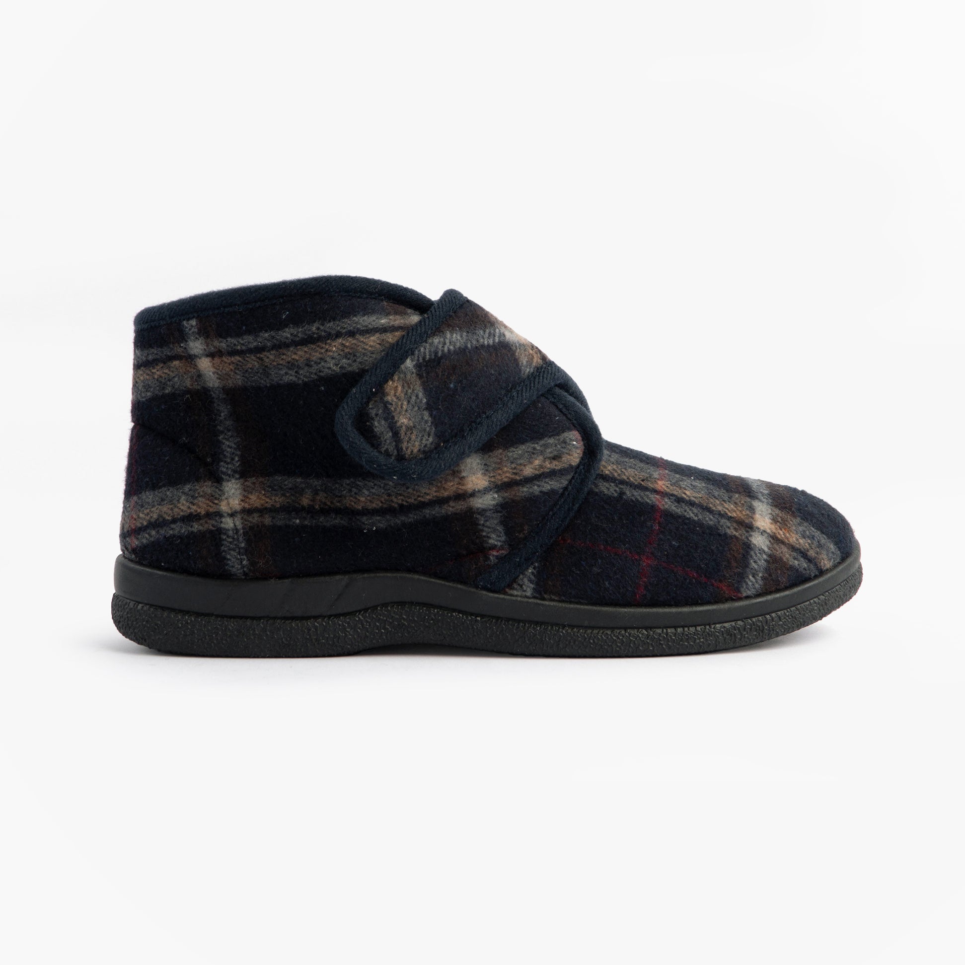 Jo & Joe CECIL Mens Bootie Slippers Navy side view featuring touch fasten closure and cozy textile design.