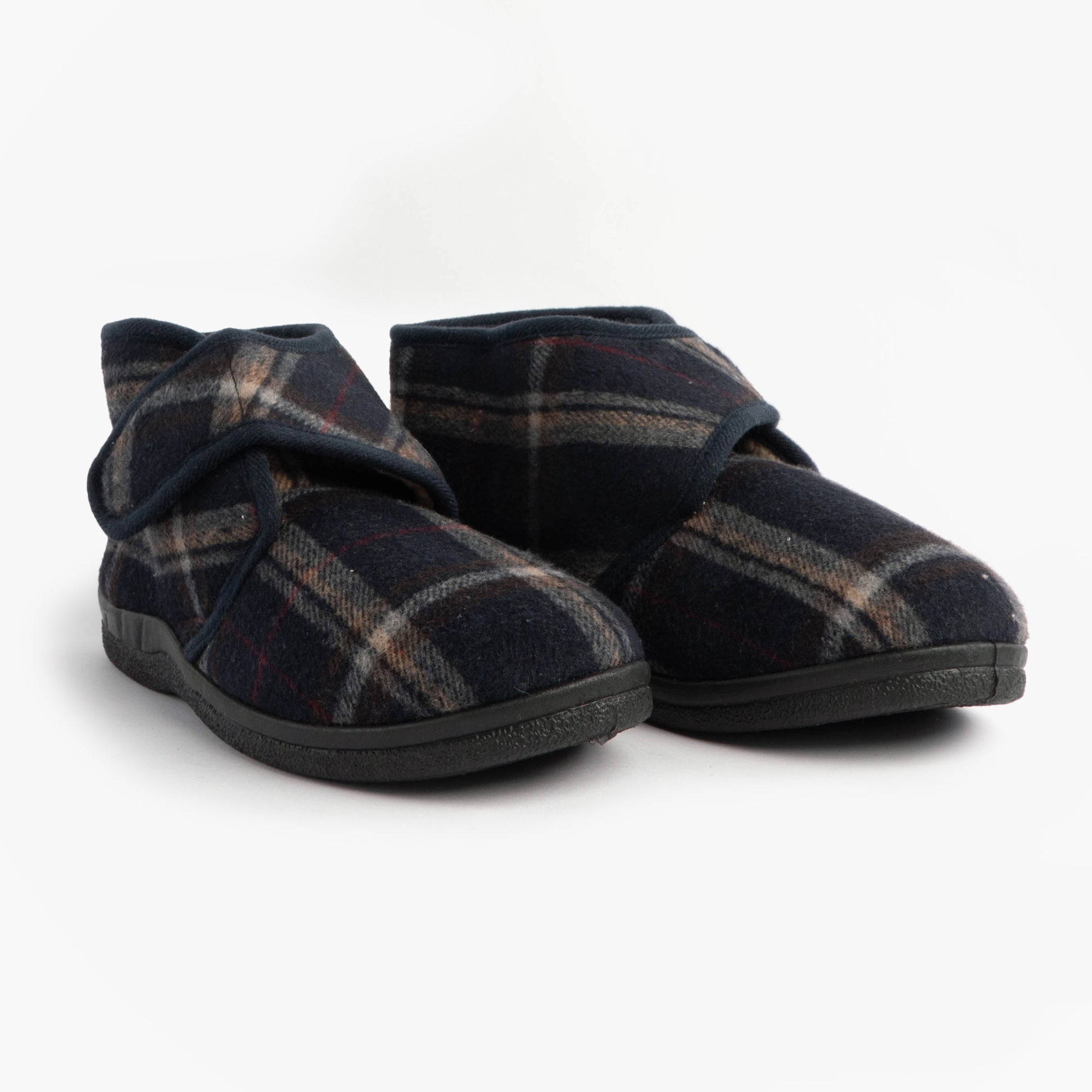 Jo & Joe CECIL Mens Bootie Slippers Navy side view with touch fasten, textile upper and rubber sole
