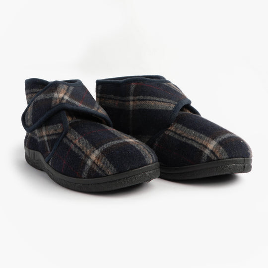 Jo & Joe CECIL Mens Bootie Slippers Navy side view with touch fasten, textile upper and rubber sole