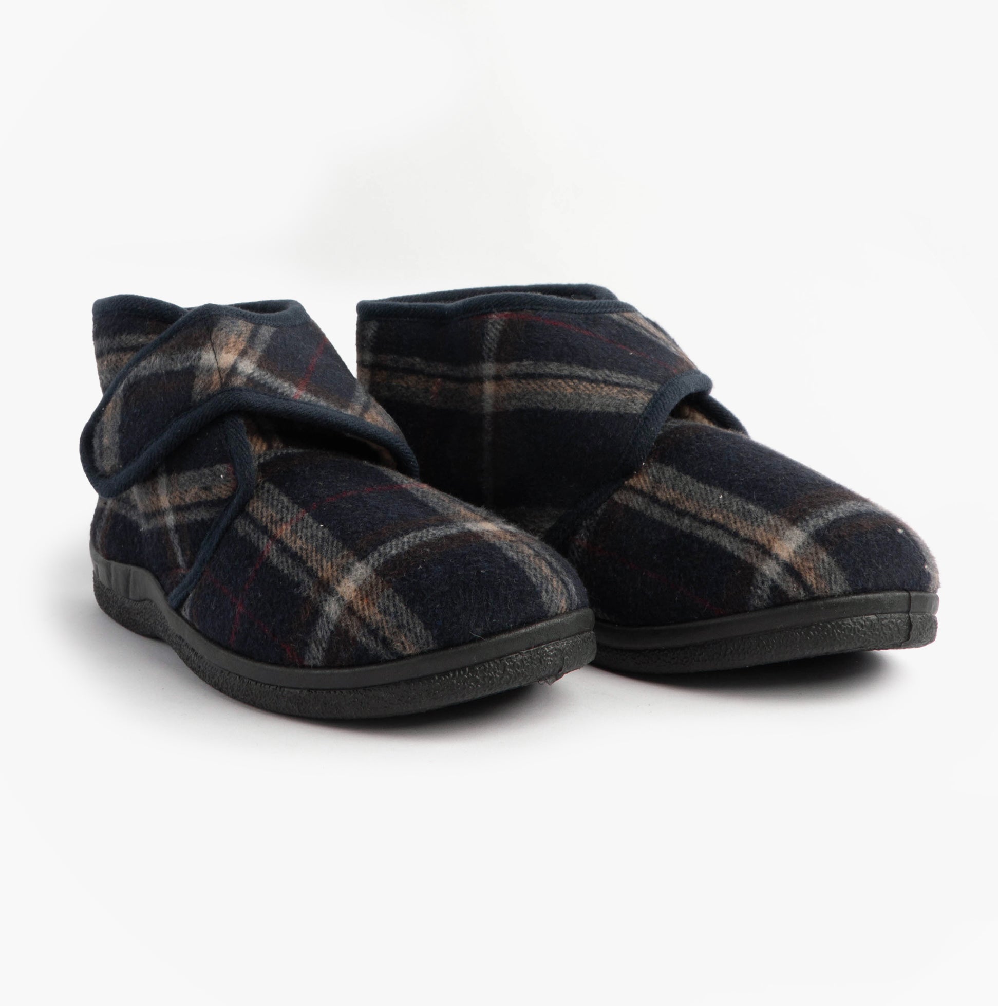 Jo & Joe CECIL Mens Bootie Slippers Navy side view with touch fasten, textile upper and rubber sole