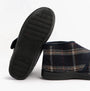 Jo & Joe CECIL Mens Bootie Slippers Navy side view showing textured rubber sole and plaid textile upper.