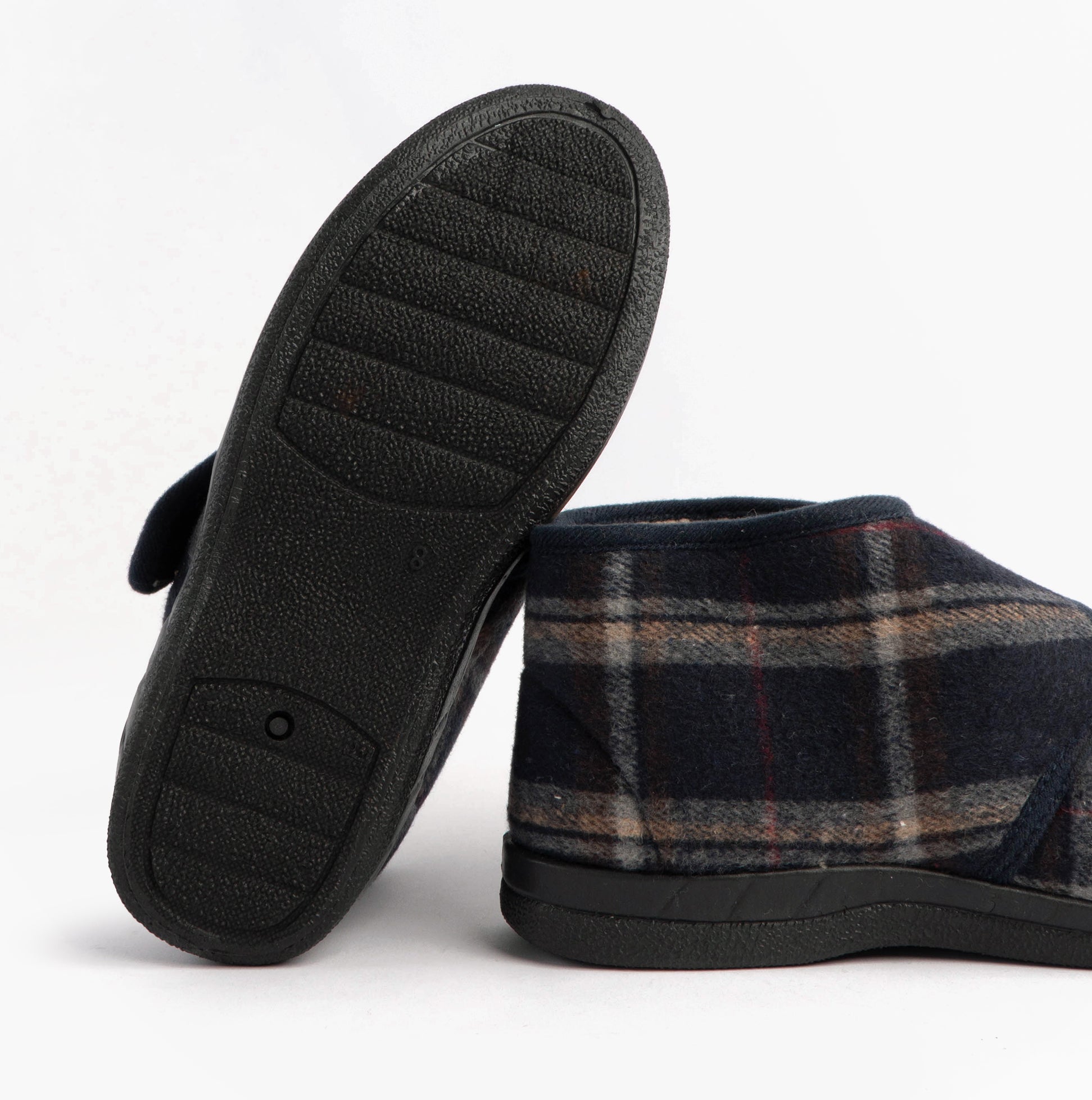 Jo & Joe CECIL Mens Bootie Slippers Navy side view showing textured rubber sole and plaid textile upper.
