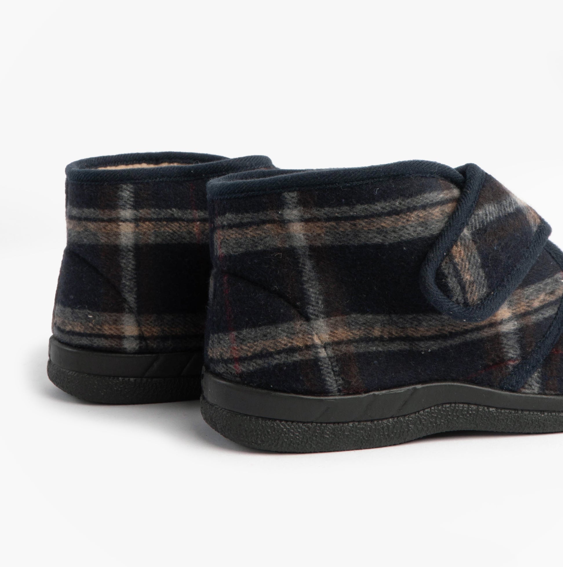 Jo & Joe CECIL Mens Bootie Slippers Navy back view showcasing textile upper and touch fasten design.