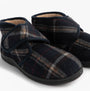 Jo & Joe CECIL Mens Bootie Slippers Navy side view with plaid upper and touch fasten closure