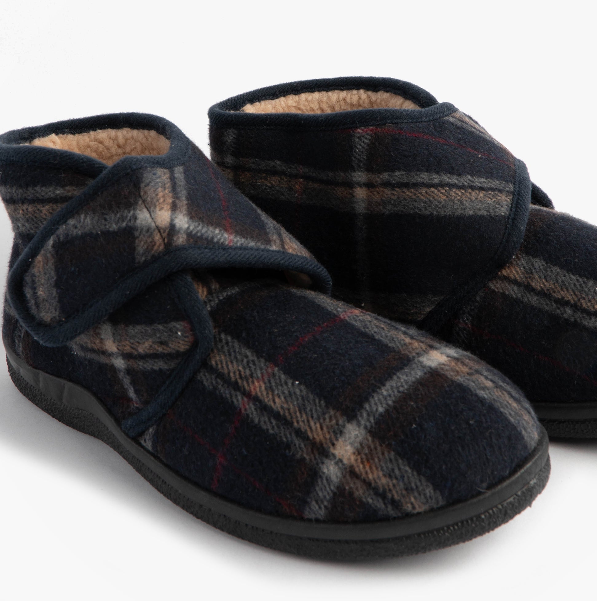 Jo & Joe CECIL Mens Bootie Slippers Navy side view with plaid upper and touch fasten closure